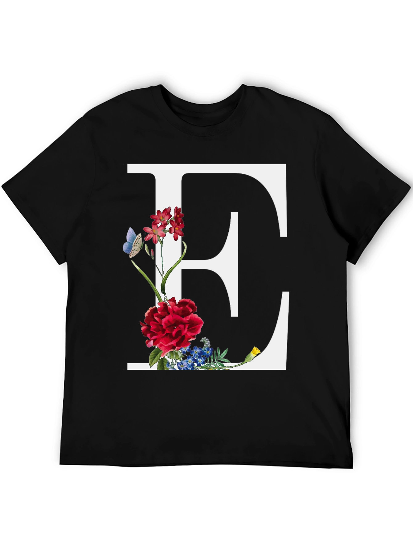 Floral Letter E Black T-Shirt