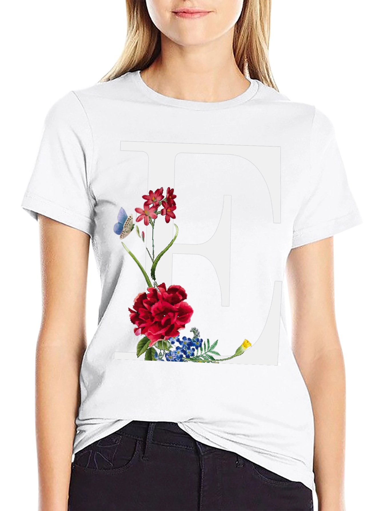 Floral Letter E Black T-Shirt