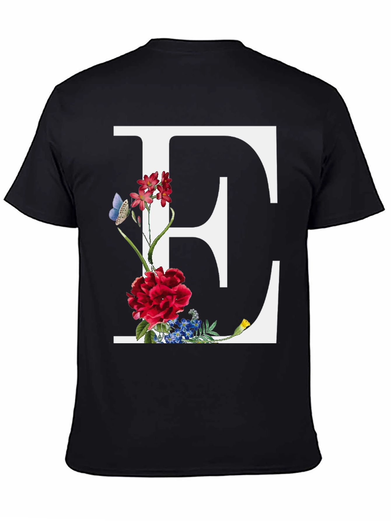 Floral Letter E Black T-Shirt