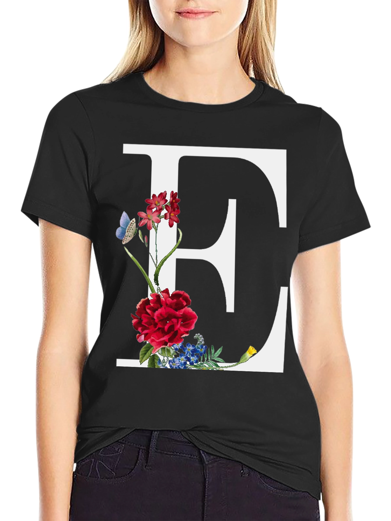 Floral Letter E Black T-Shirt