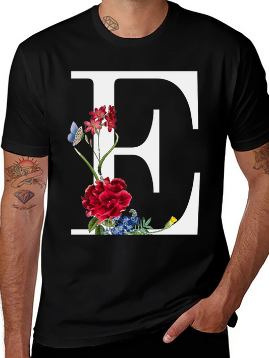Floral Letter E Black T-Shirt