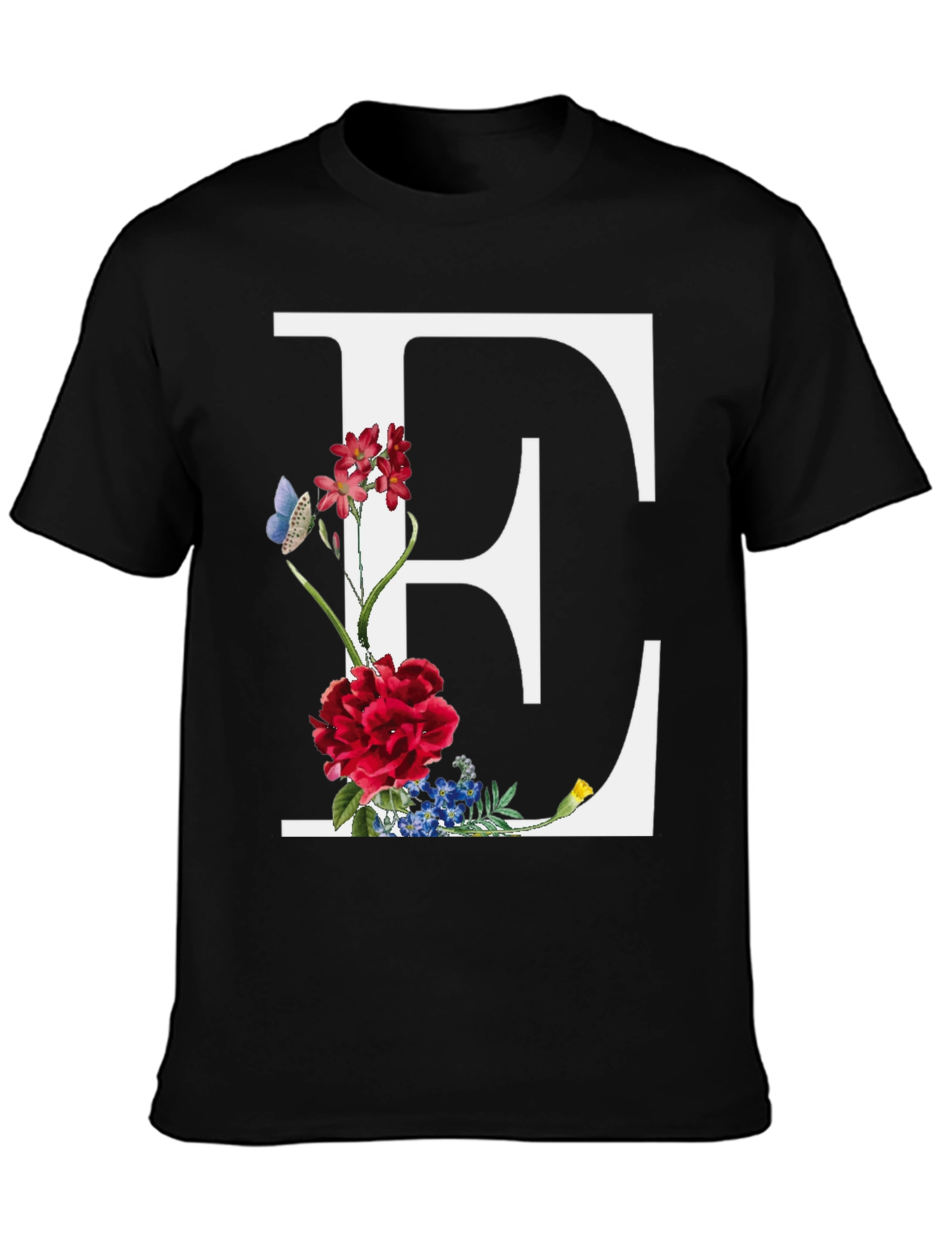 Floral Letter E Black T-Shirt
