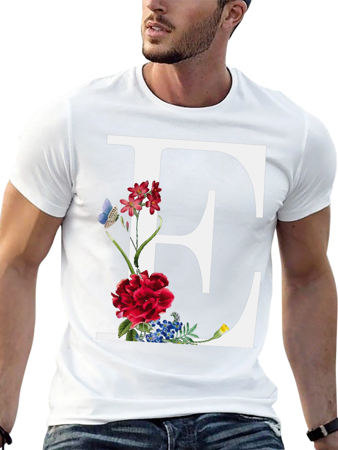 Floral Letter E Black T-Shirt