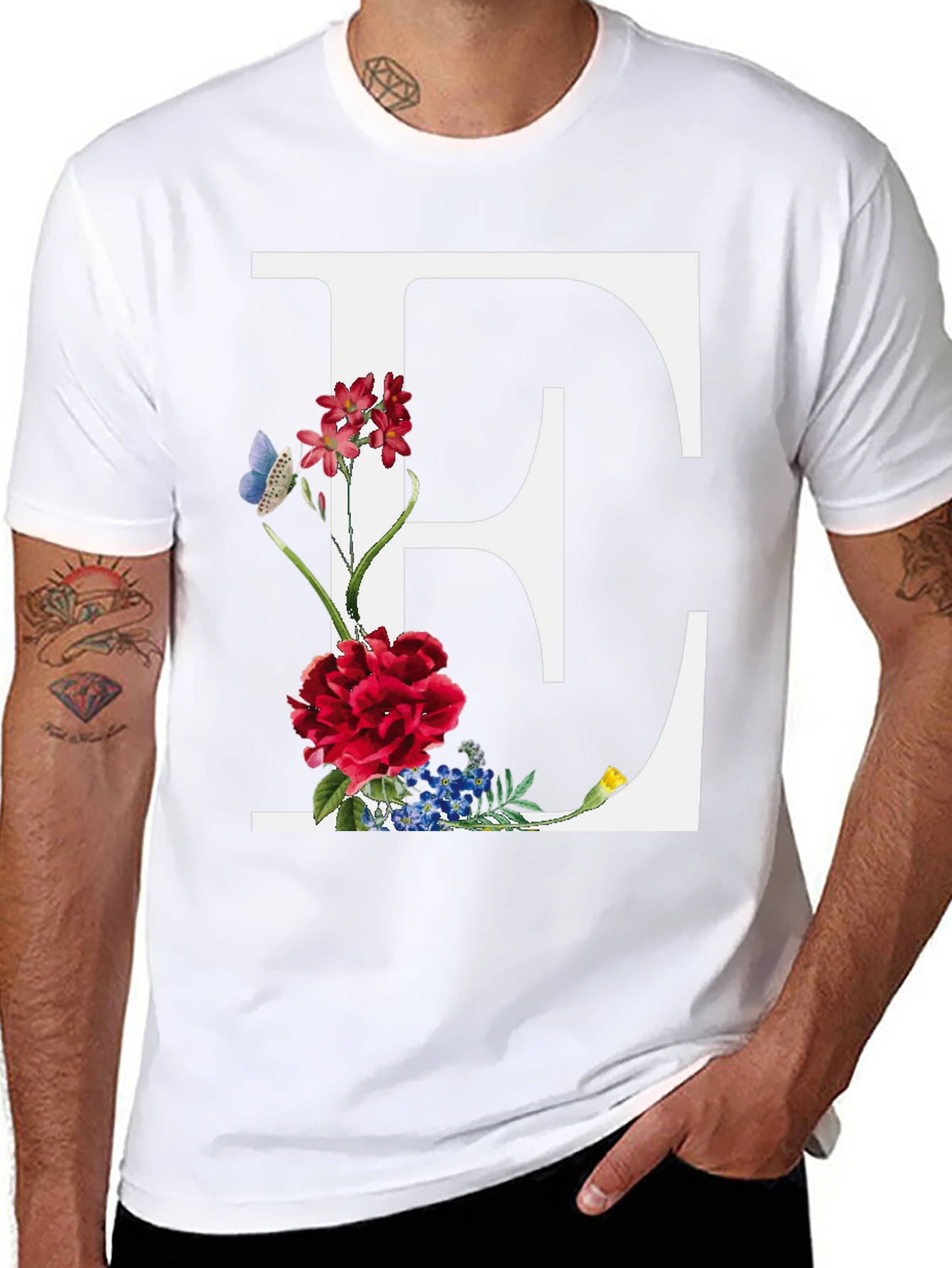 Floral Letter E Black T-Shirt
