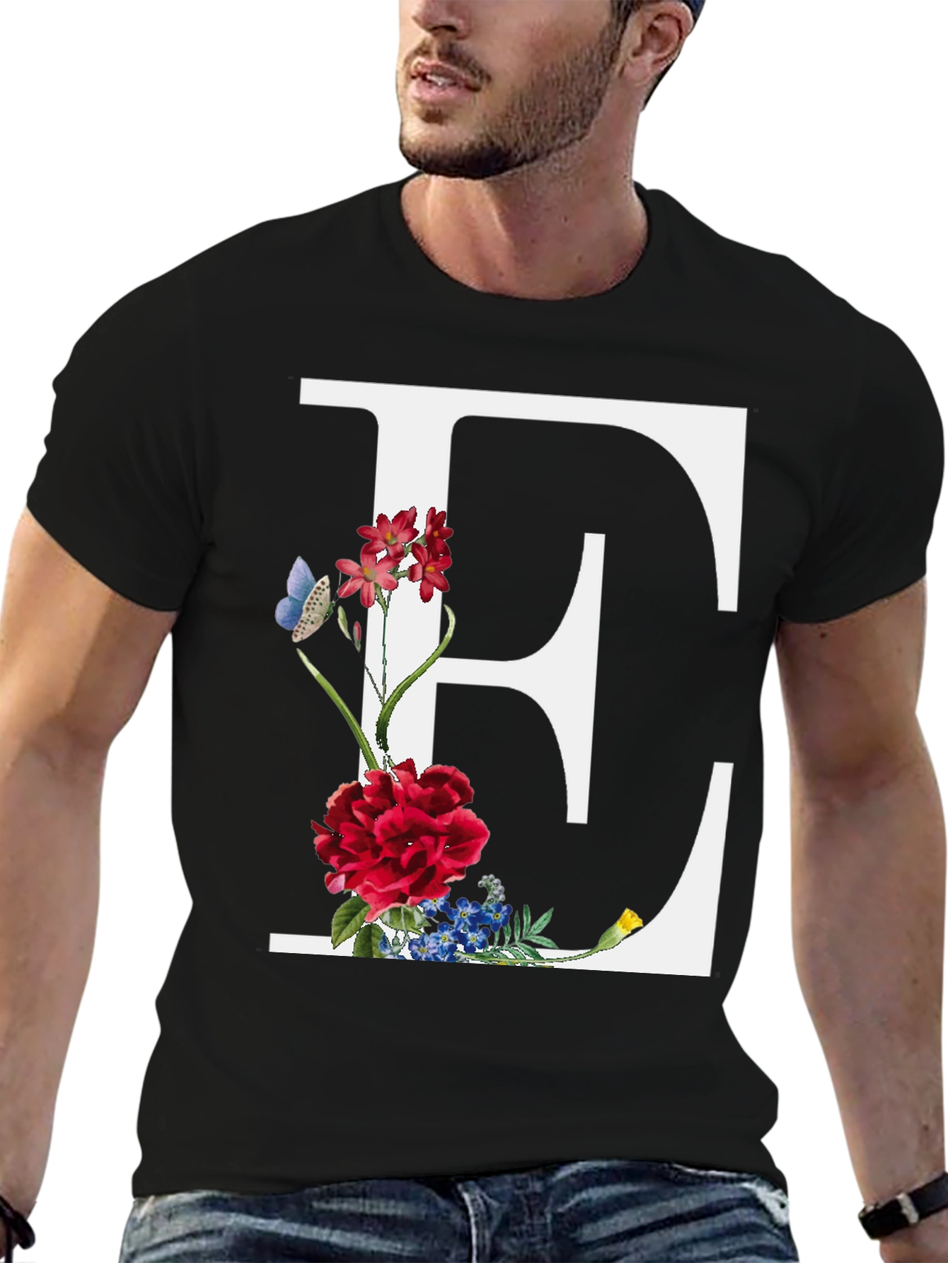Floral Letter E Black T-Shirt