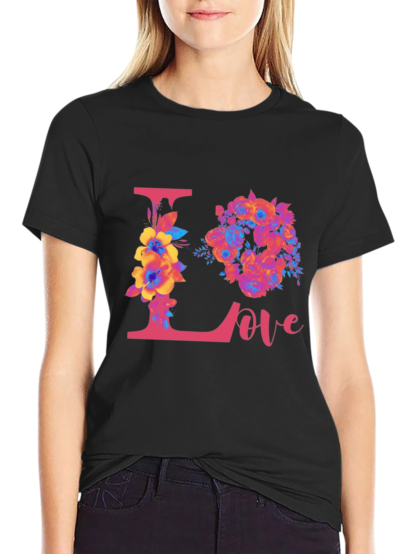 Floral Love Graphic Black T-Shirt