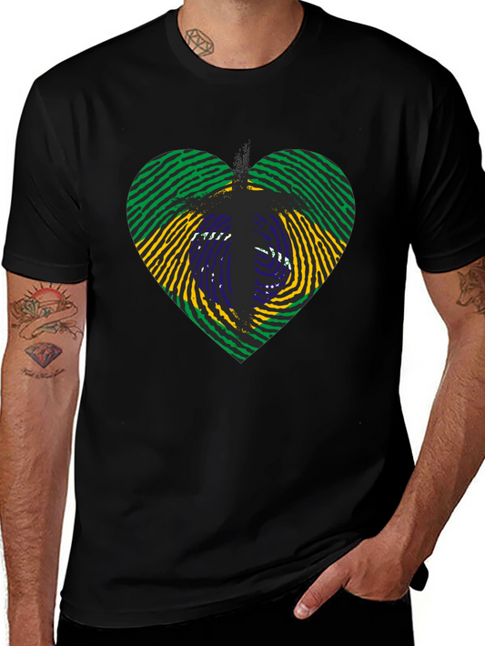 Brazil Flag Heart Fingerprint T-Shirt