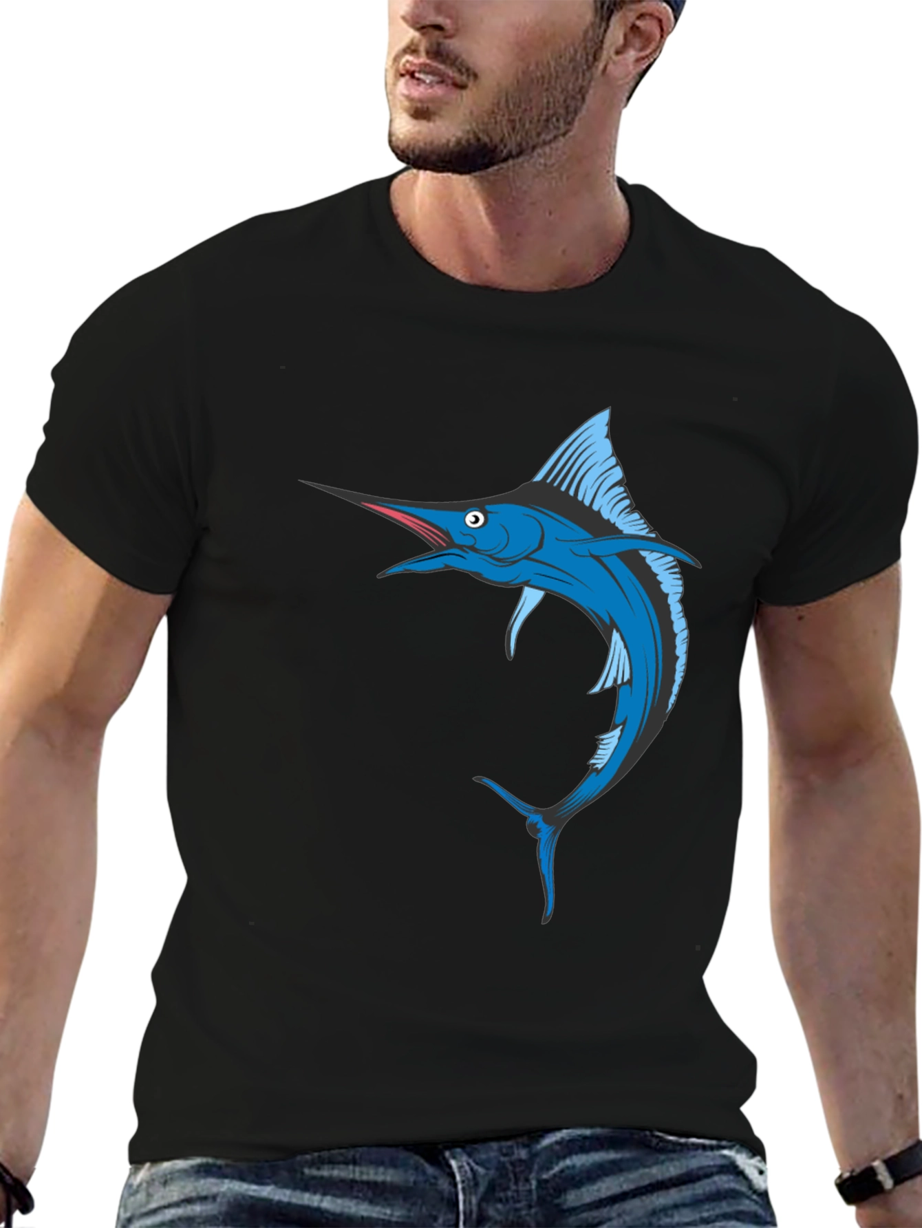 Blue Marlin Fish Graphic T-Shirt - Black Cotton Tee