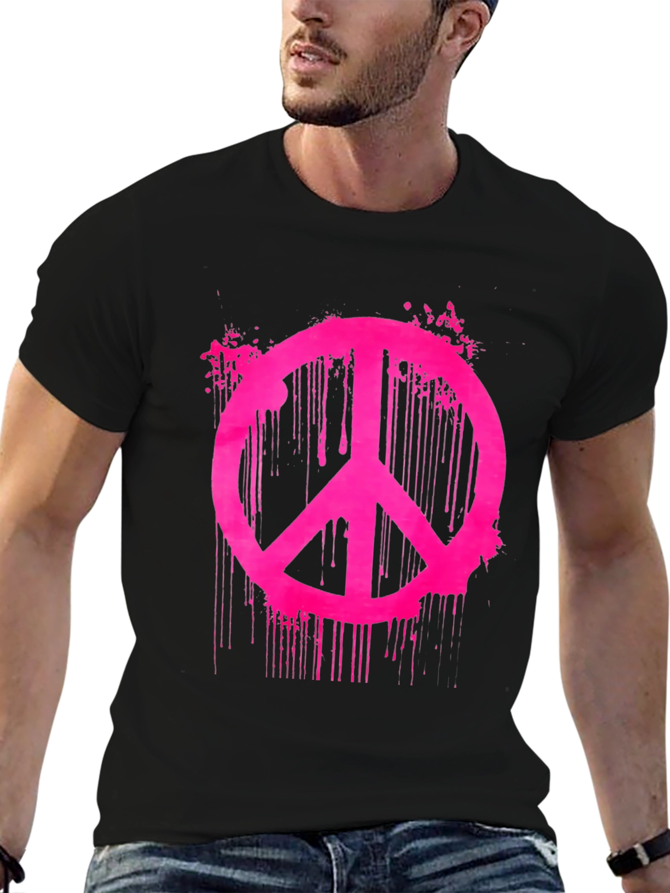 Black T-Shirt with Pink Peace Sign Graphic