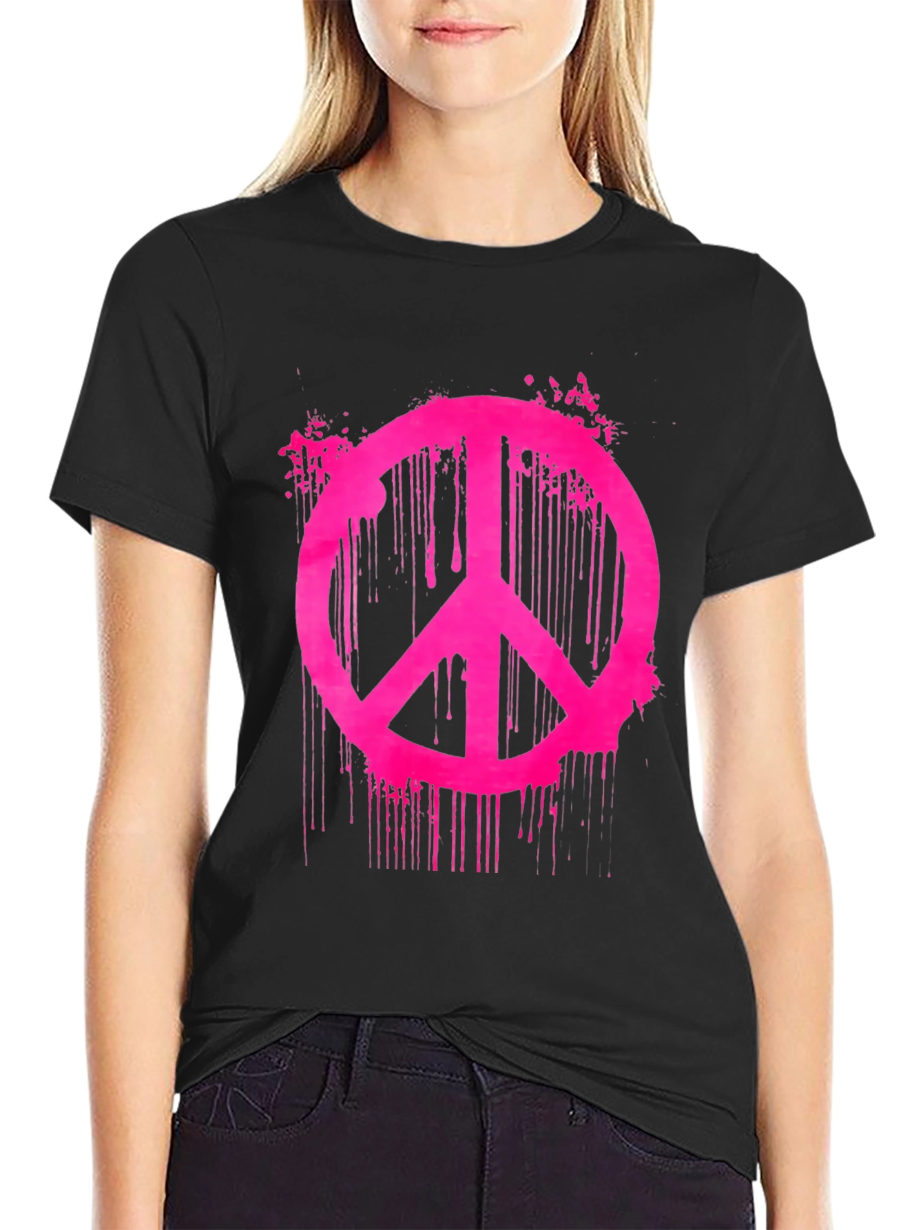 Black T-Shirt with Pink Peace Sign Graphic