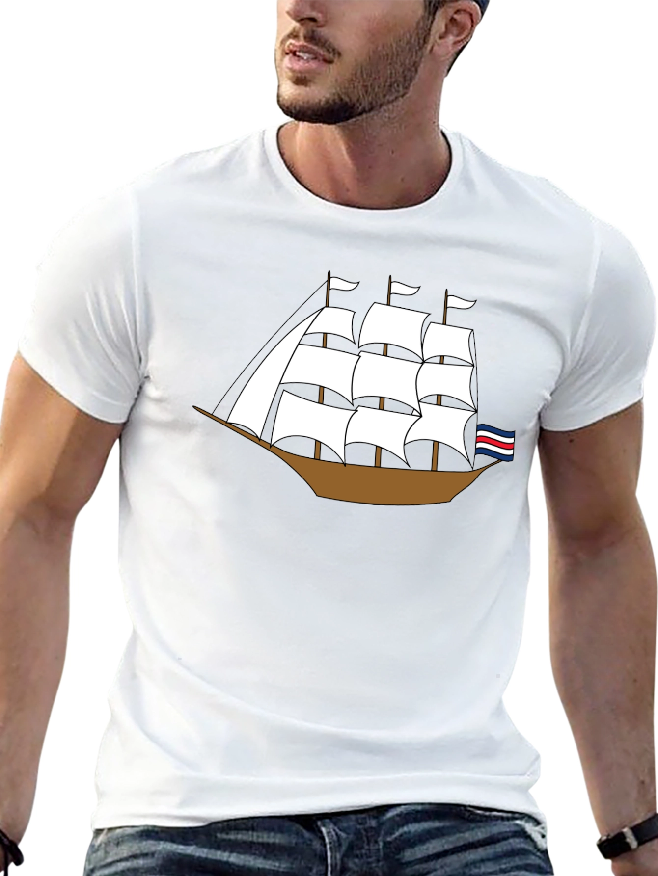 Sailing Ship Graphic Tee - Black Cotton T-Shirt