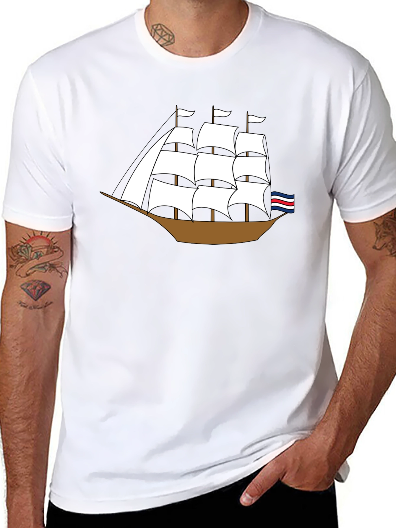 Sailing Ship Graphic Tee - Black Cotton T-Shirt