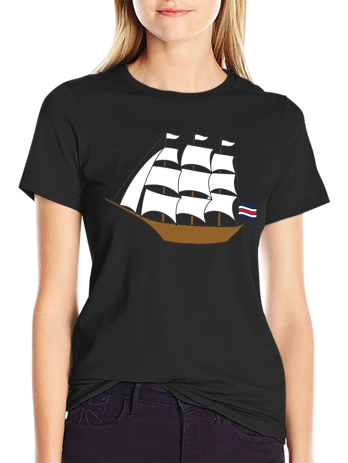 Sailing Ship Graphic Tee - Black Cotton T-Shirt