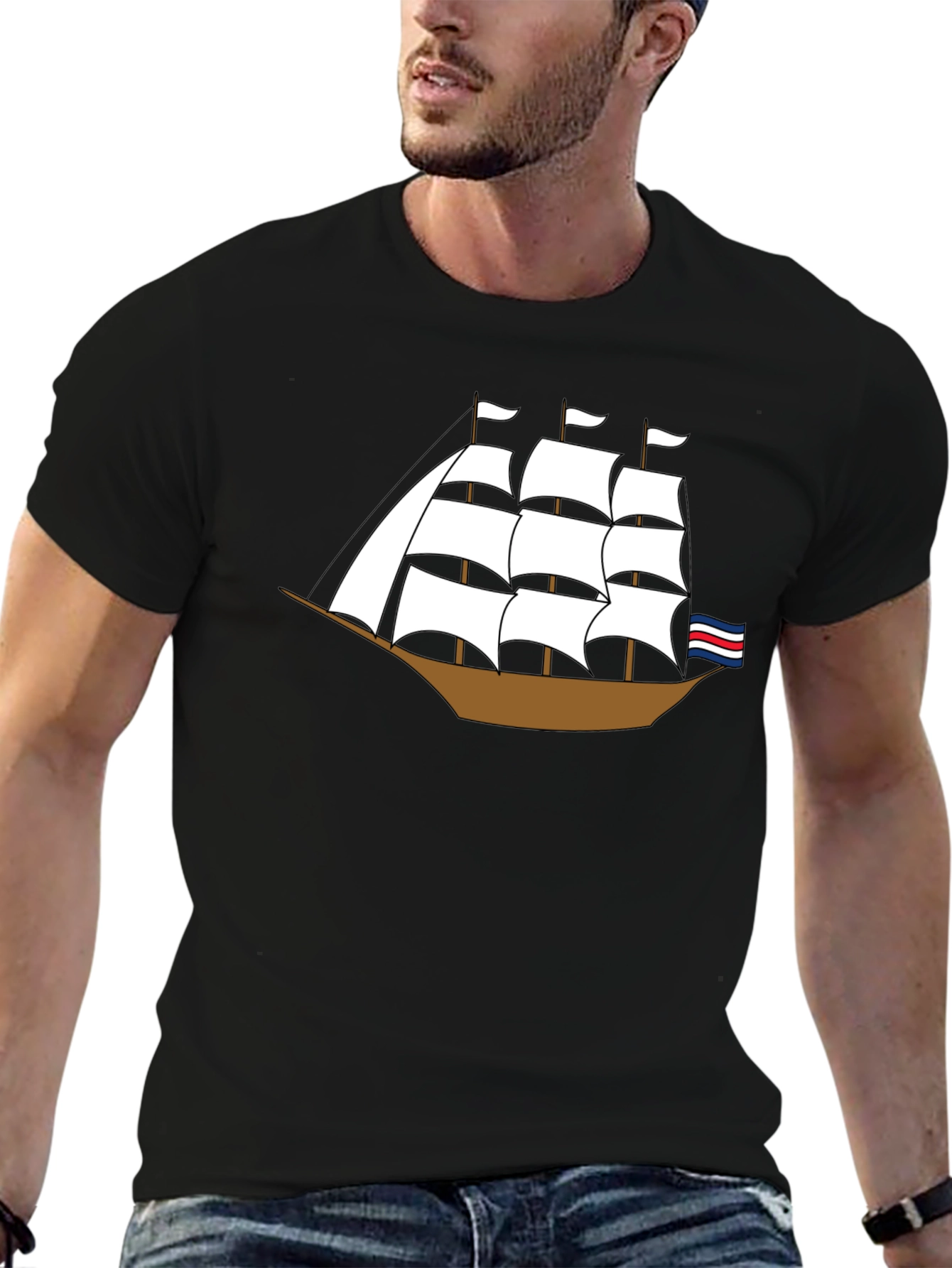 Sailing Ship Graphic Tee - Black Cotton T-Shirt