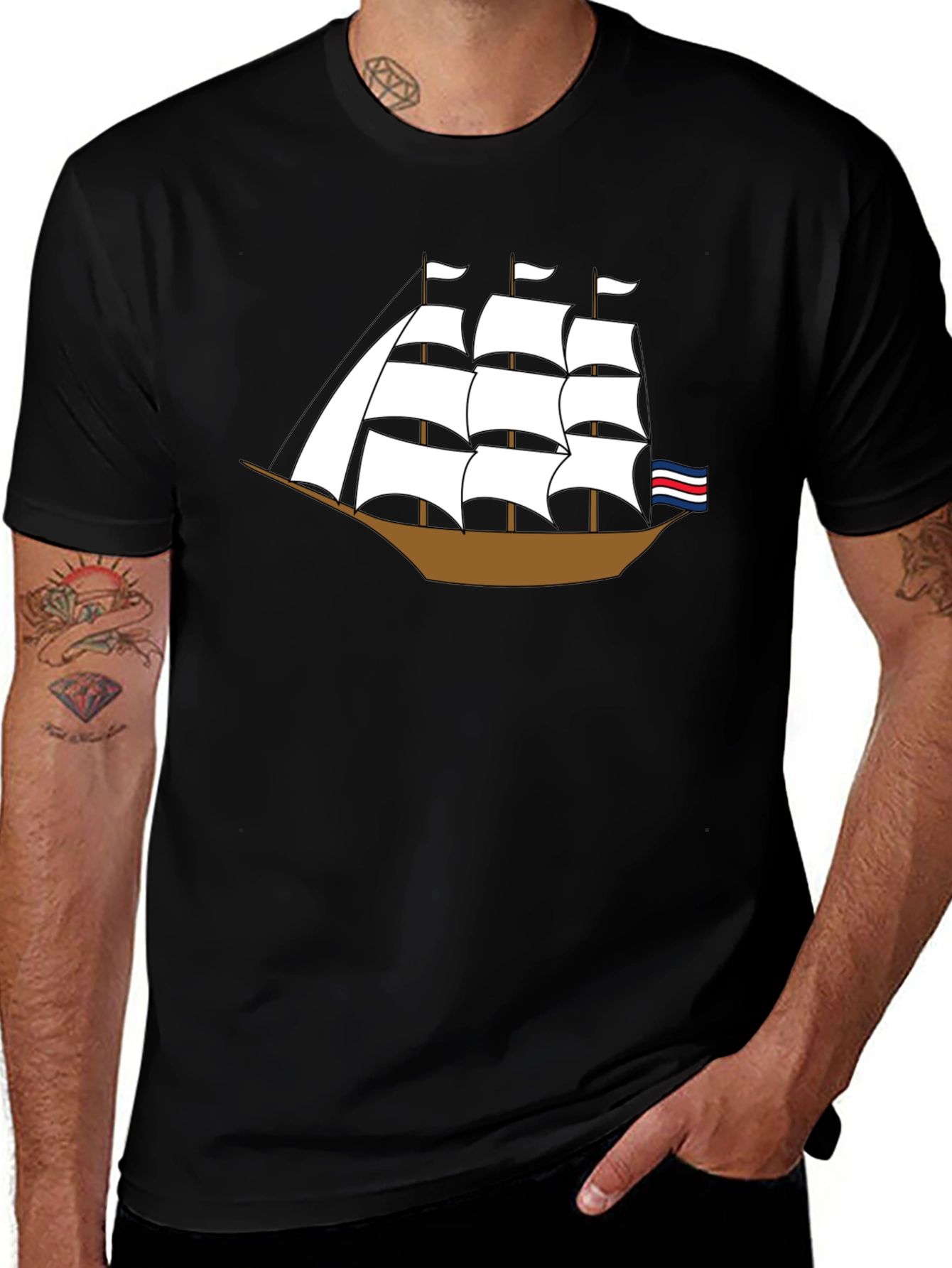 Sailing Ship Graphic Tee - Black Cotton T-Shirt