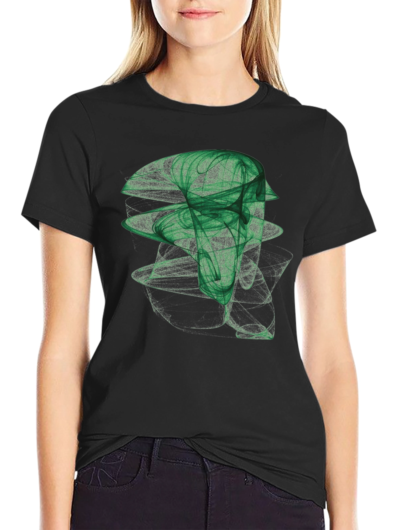 Abstract Green Graphic Print Black T-Shirt