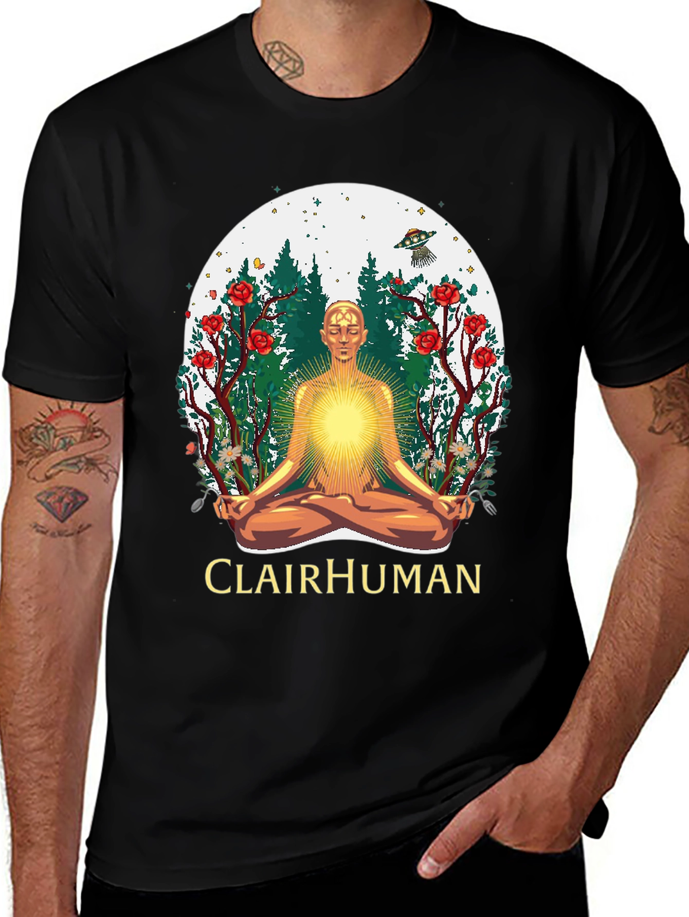 Clairhuman Graphic T-Shirt - Meditating Man UFO