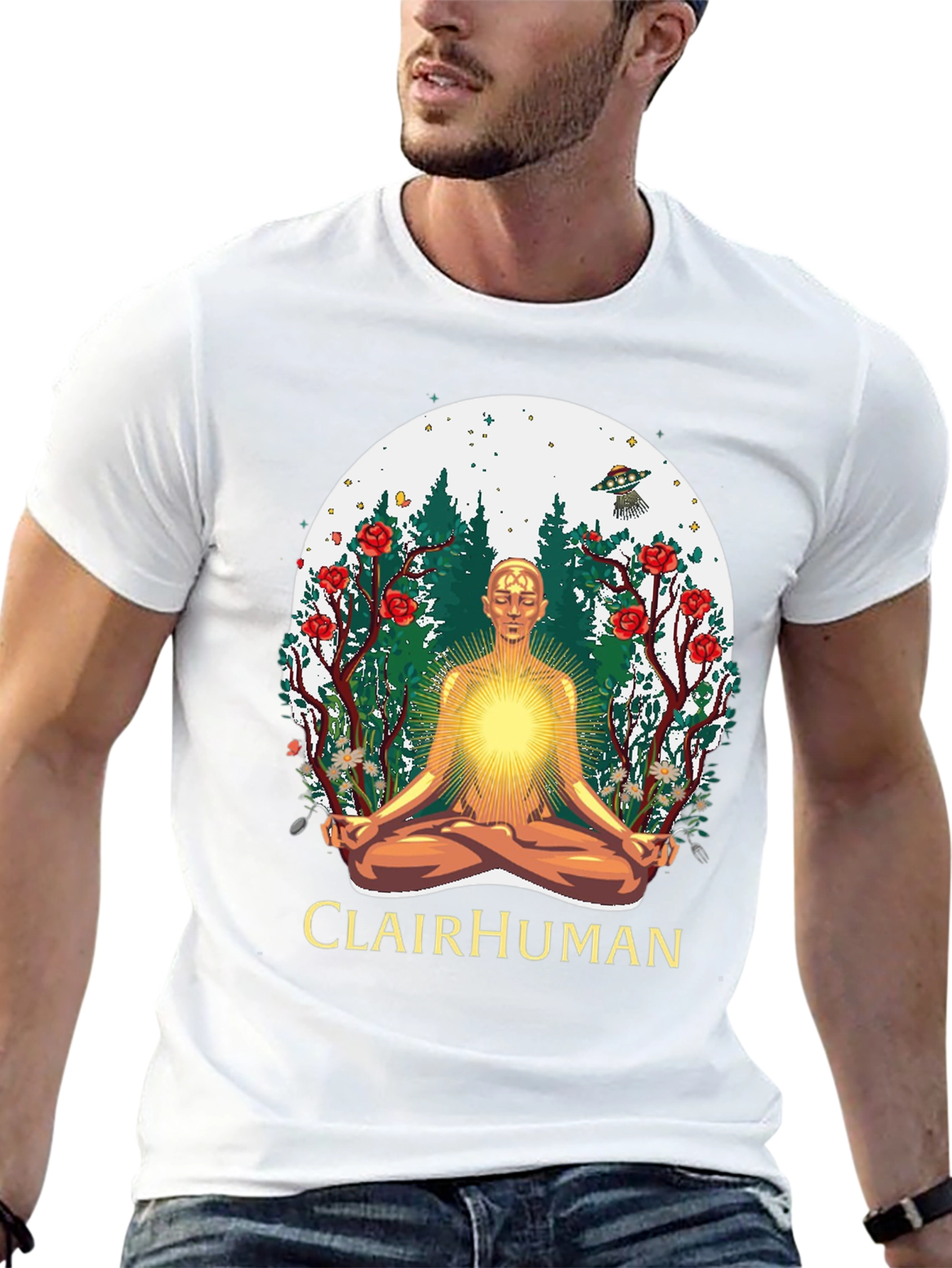 Clairhuman Graphic T-Shirt - Meditating Man UFO