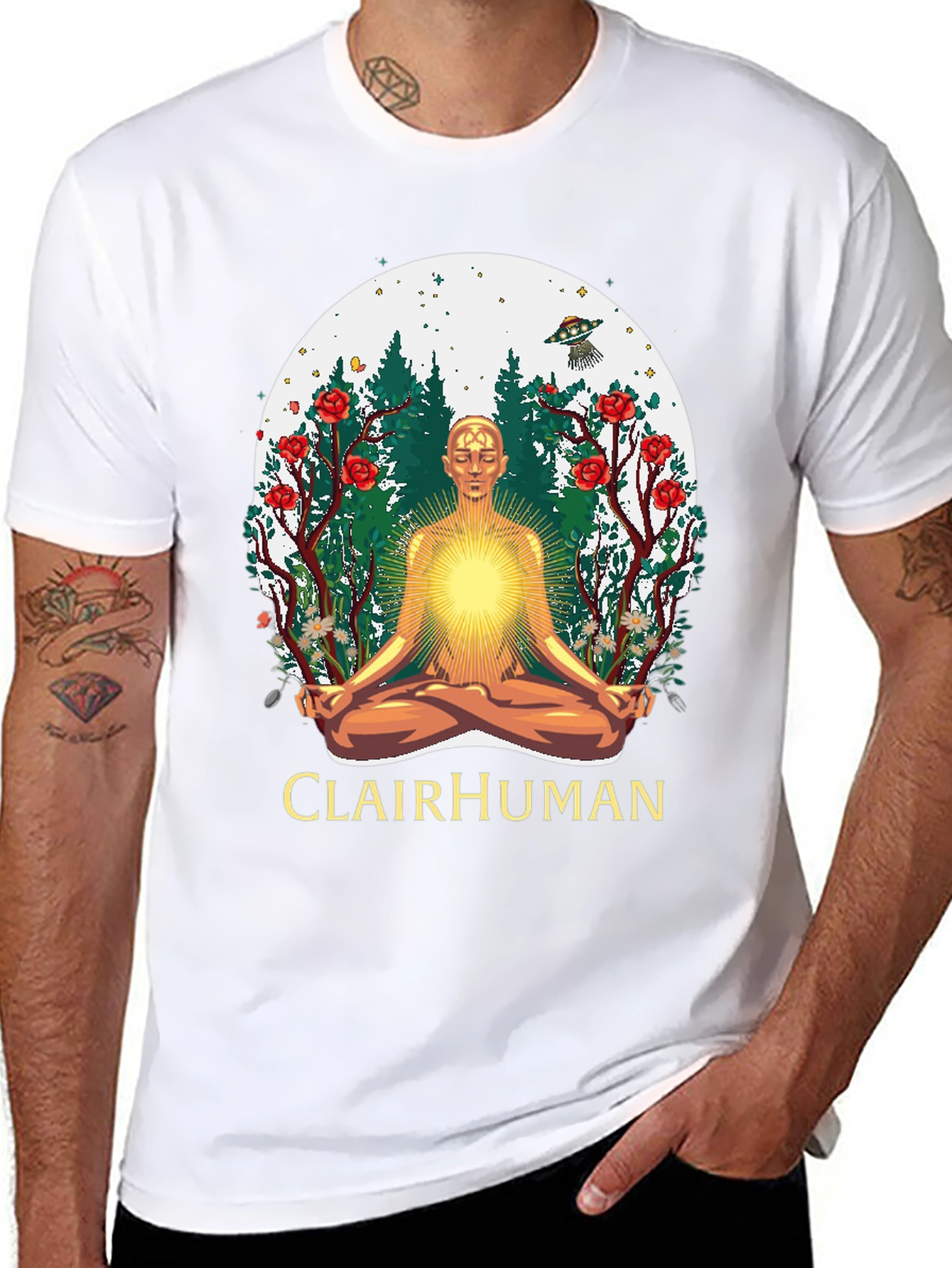 Clairhuman Graphic T-Shirt - Meditating Man UFO
