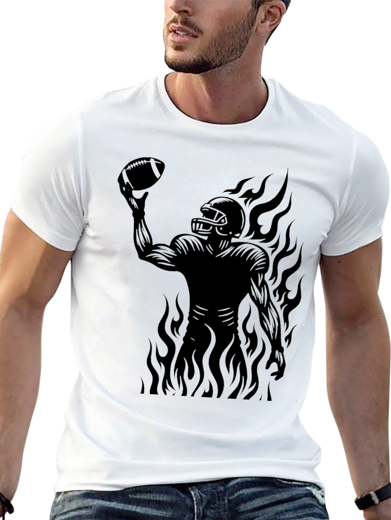 Fiery Football Player Graphic Tee - Black