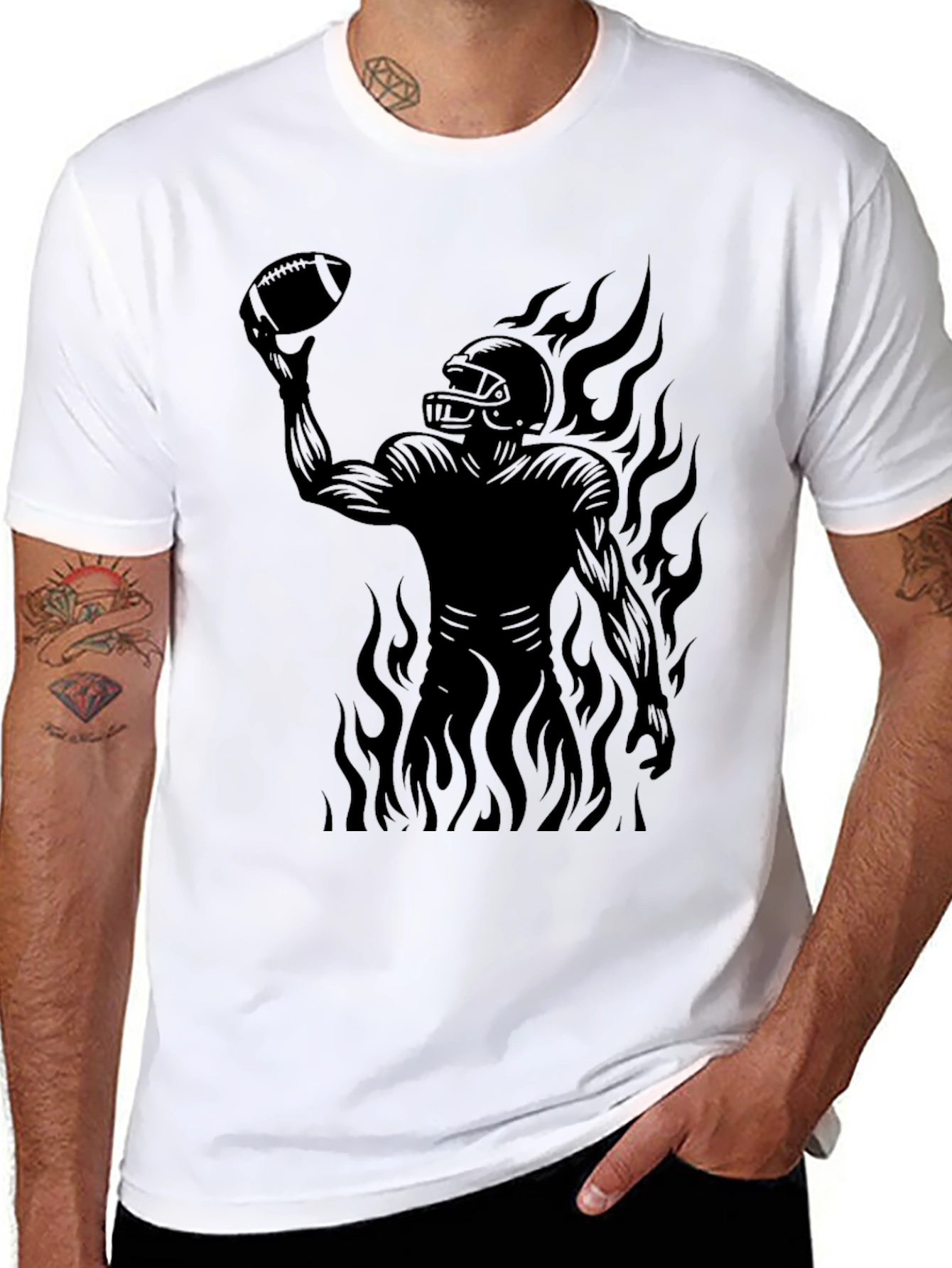 Fiery Football Player Graphic Tee - Black