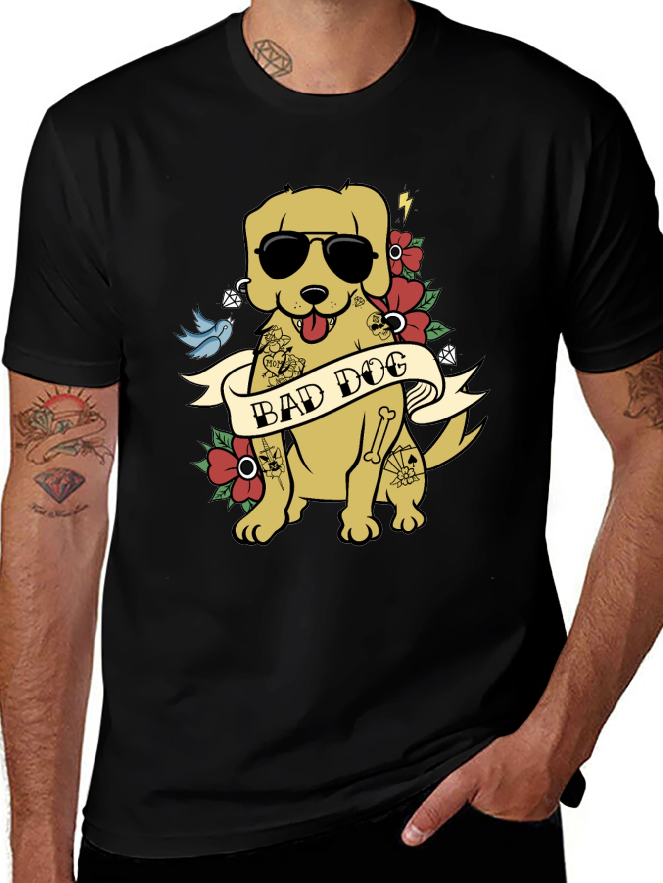 Bad Dog Graphic Tee - Funny Tattooed Dog T-Shirt