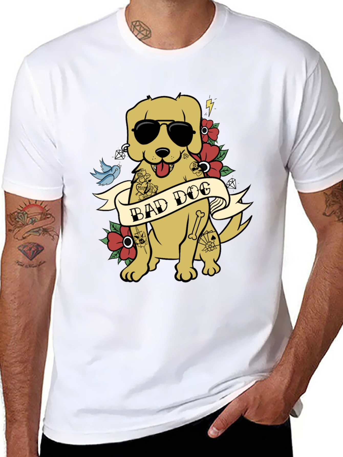 Bad Dog Graphic Tee - Funny Tattooed Dog T-Shirt