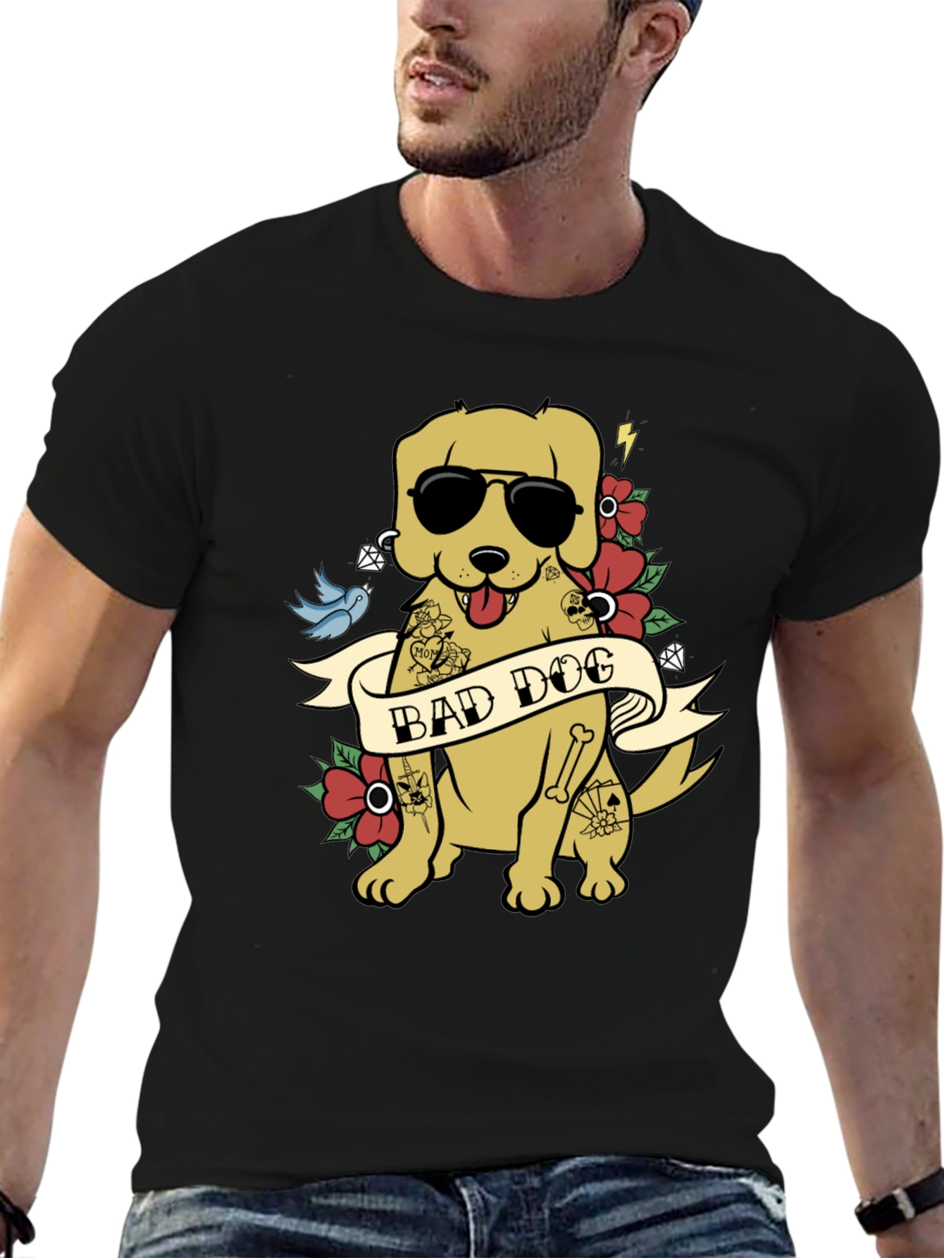 Bad Dog Graphic Tee - Funny Tattooed Dog T-Shirt