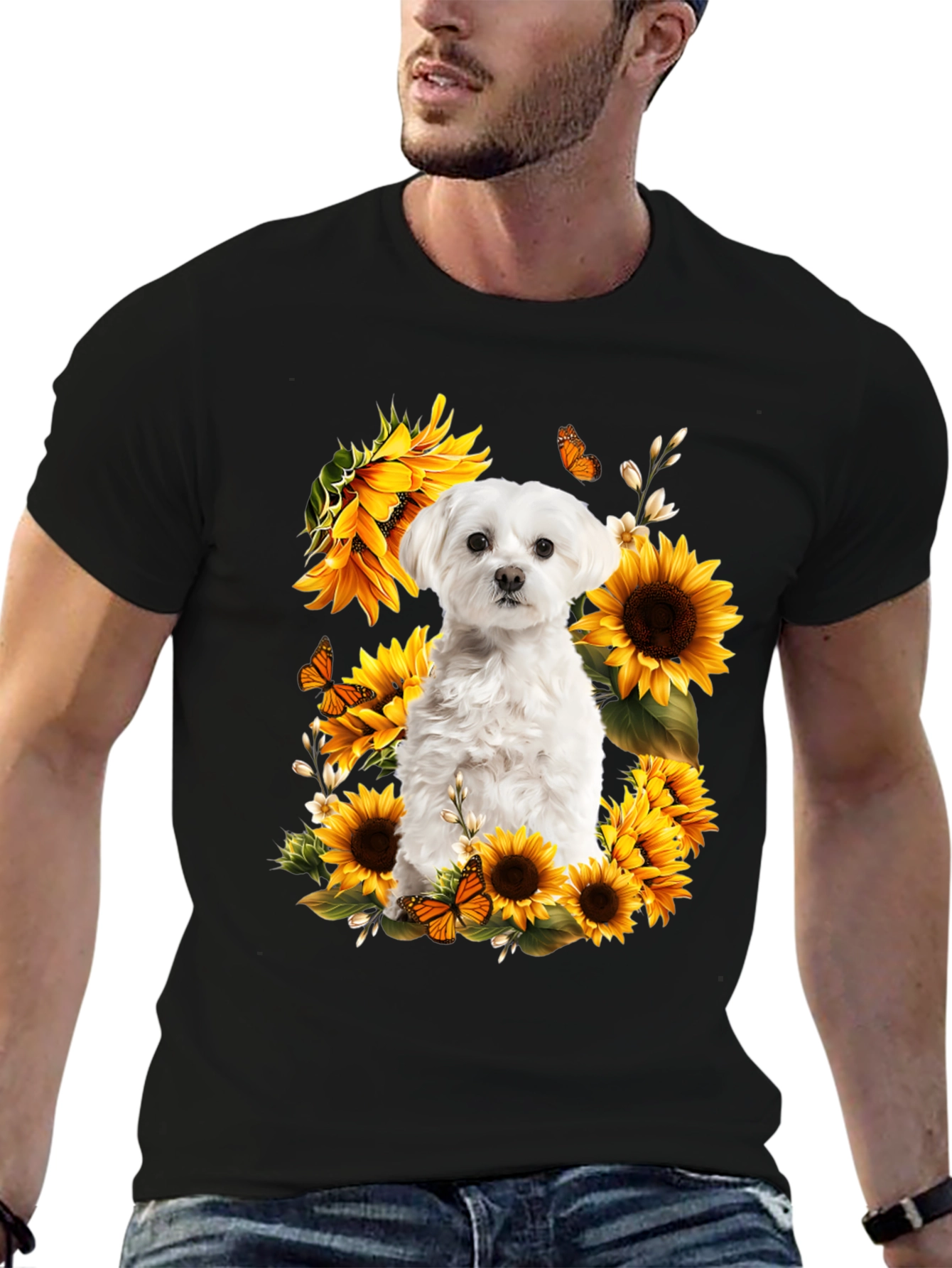 Dog & Sunflower Graphic T-Shirt - Black
