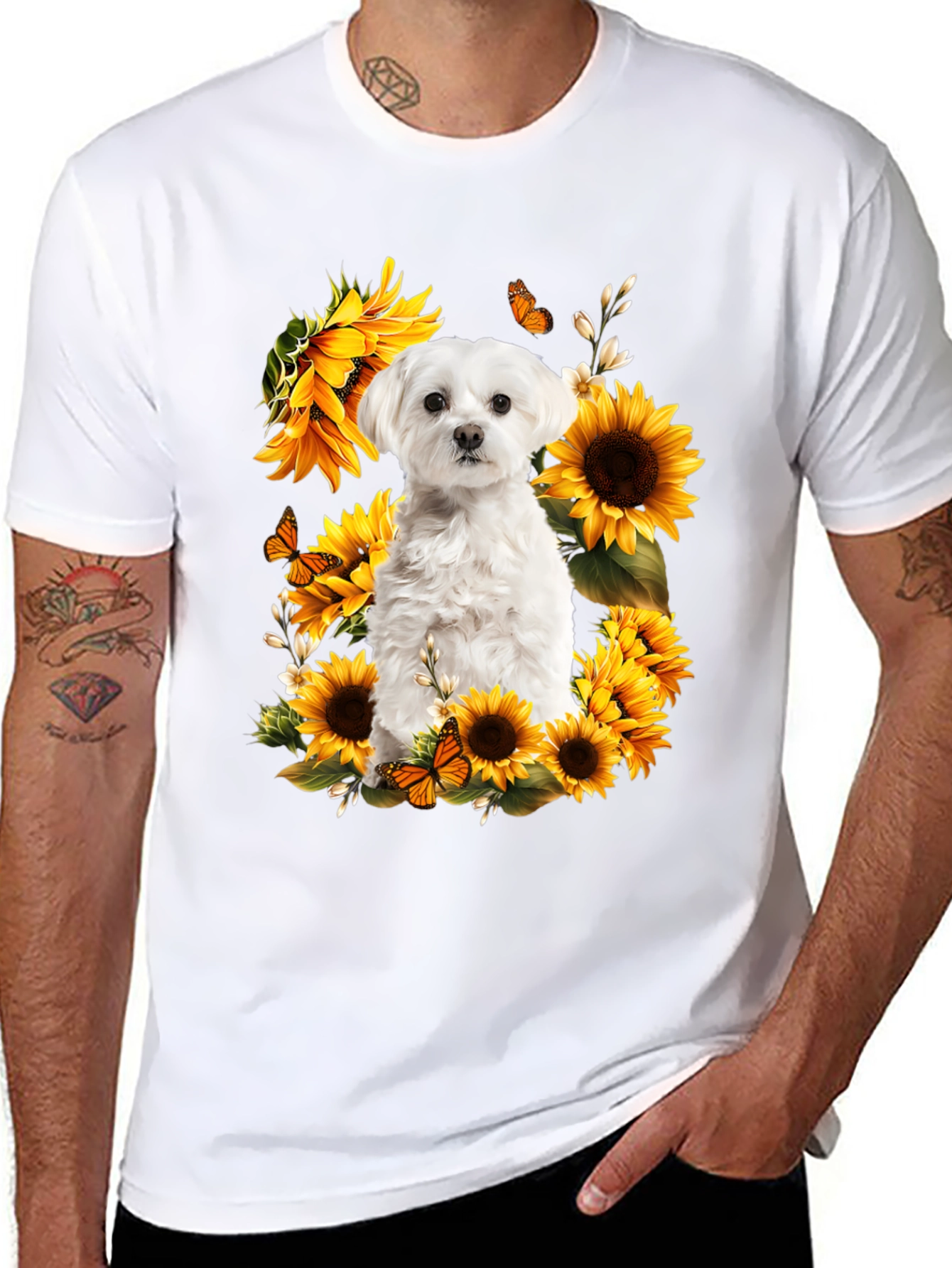 Dog & Sunflower Graphic T-Shirt - Black