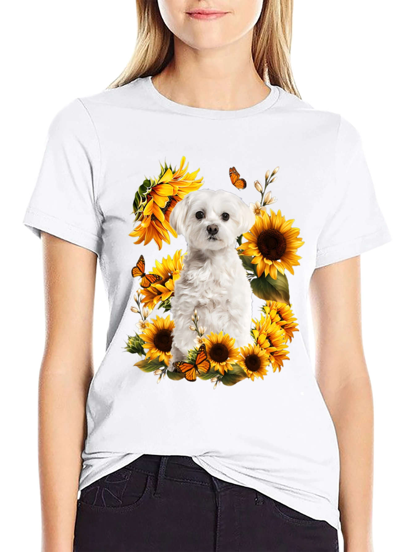 Dog & Sunflower Graphic T-Shirt - Black