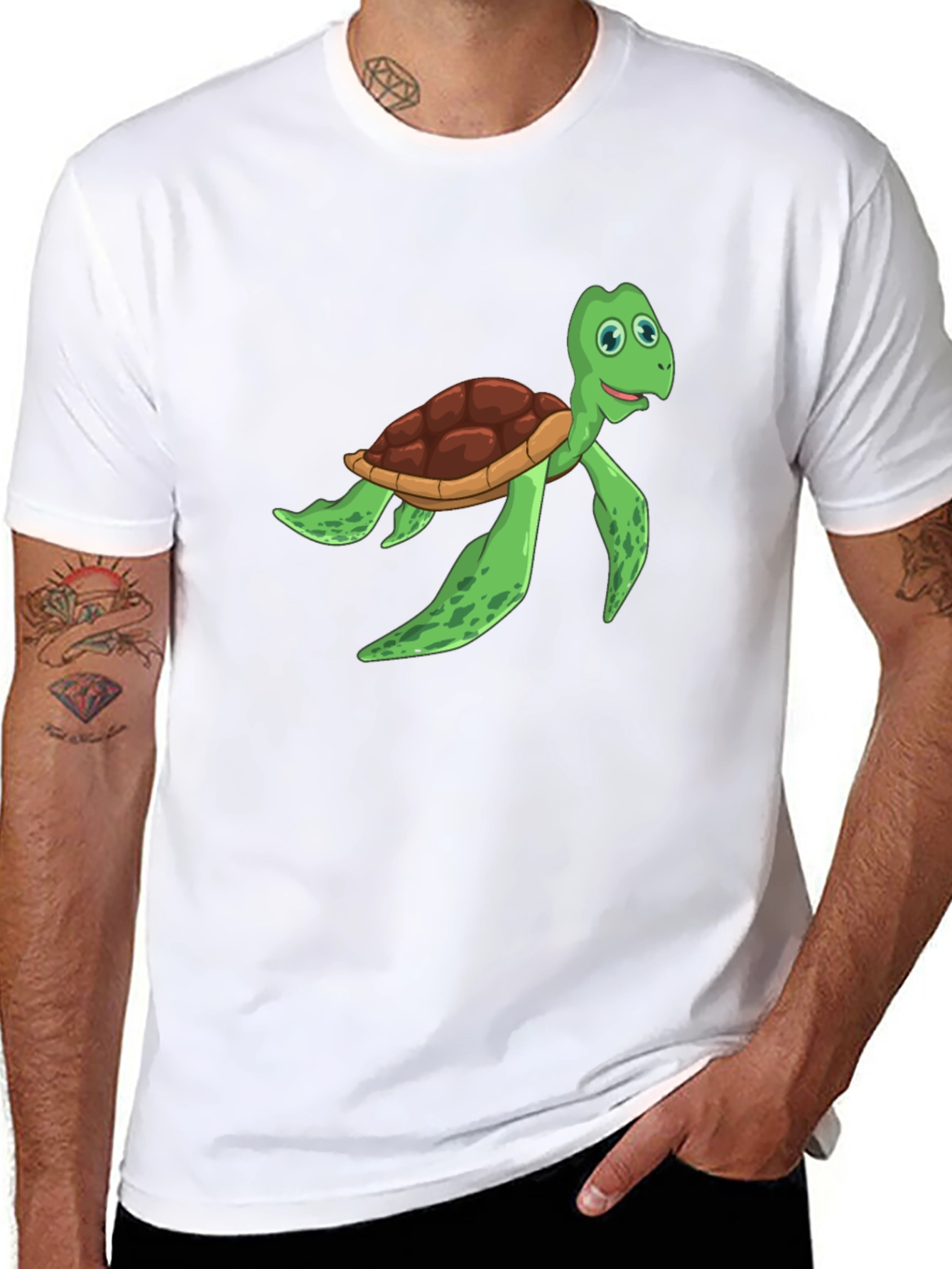 Cartoon Turtle Graphic Tee - Black Cotton T-Shirt