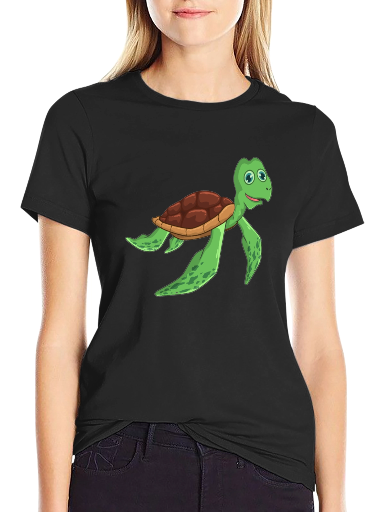 Cartoon Turtle Graphic Tee - Black Cotton T-Shirt