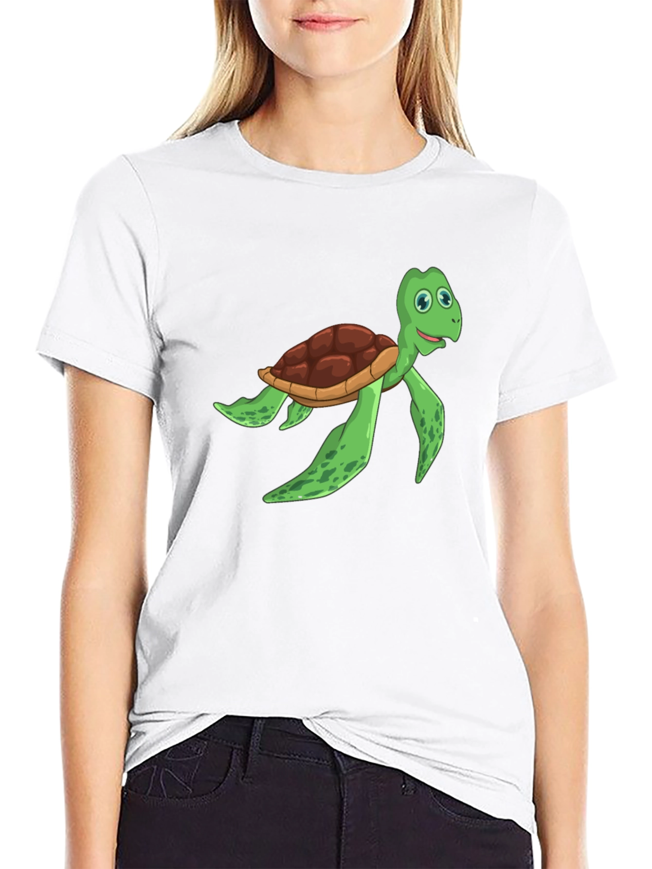 Cartoon Turtle Graphic Tee - Black Cotton T-Shirt