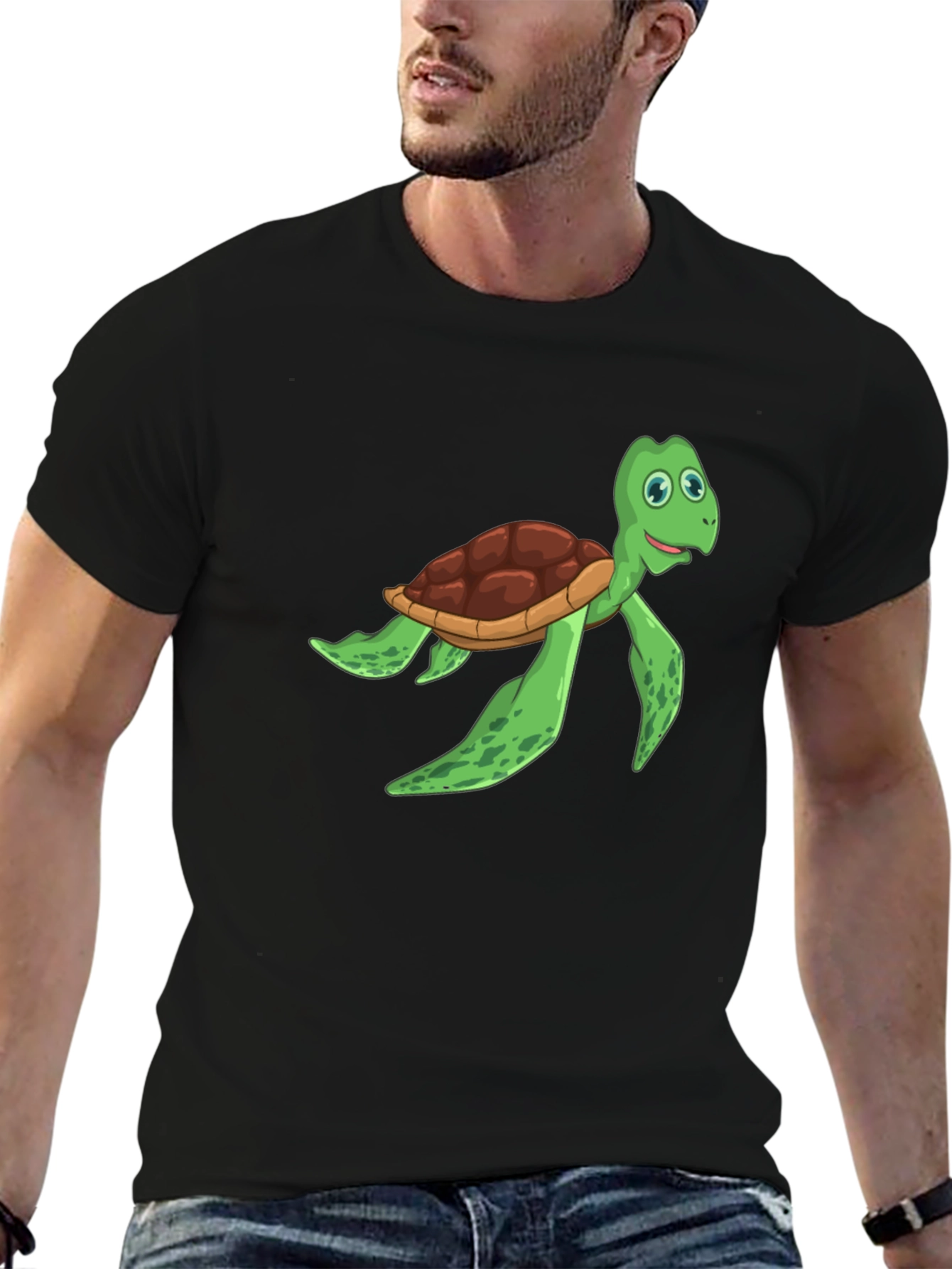 Cartoon Turtle Graphic Tee - Black Cotton T-Shirt