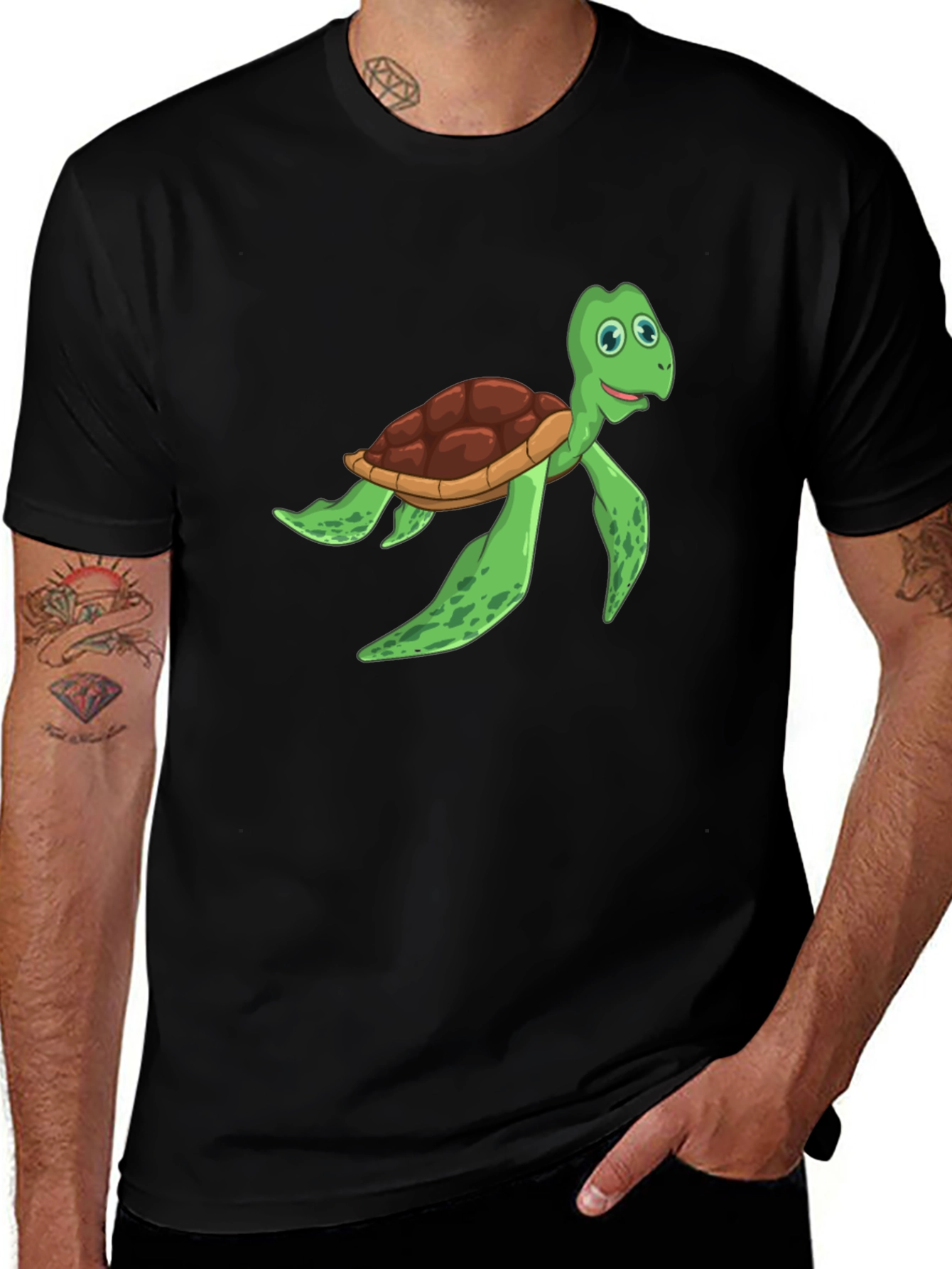 Cartoon Turtle Graphic Tee - Black Cotton T-Shirt