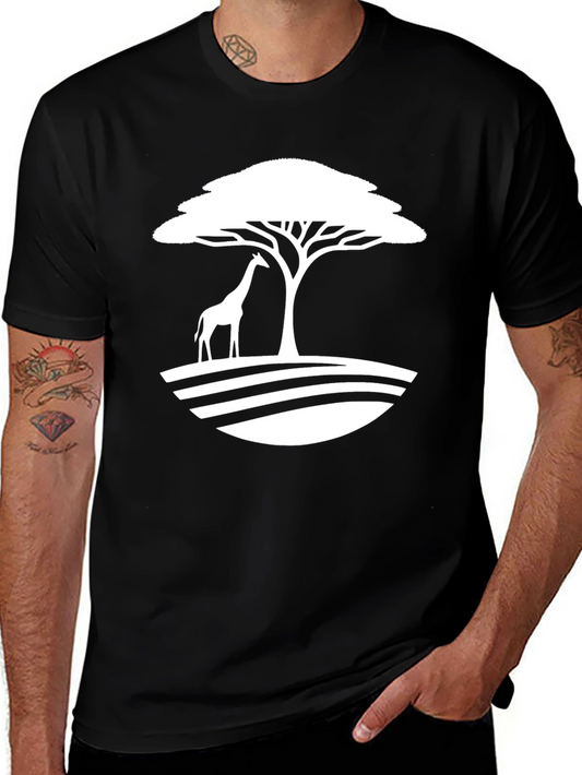 Giraffe Savannah Tree Graphic Tee - Black Cotton Casual Shirt