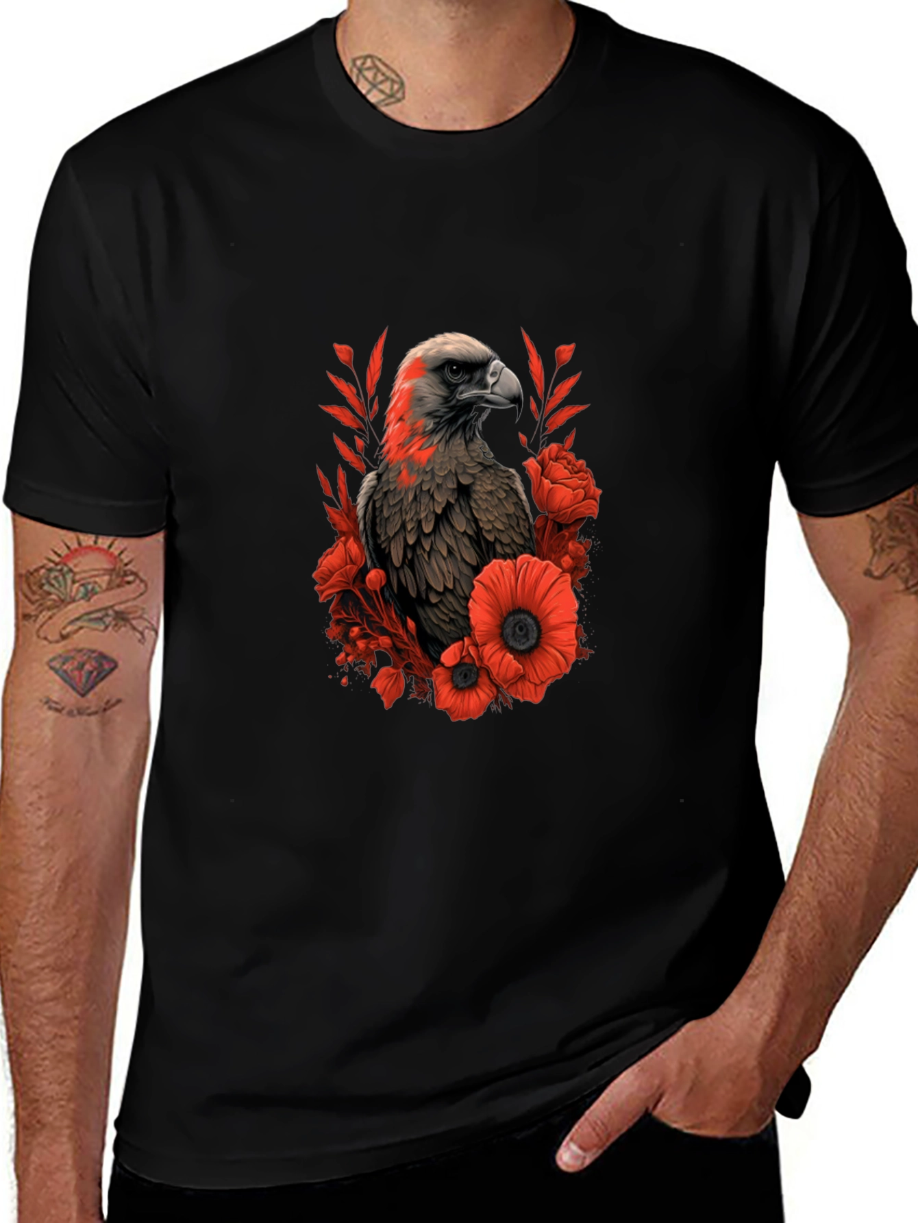Eagle & Floral Graphic Black T-Shirt