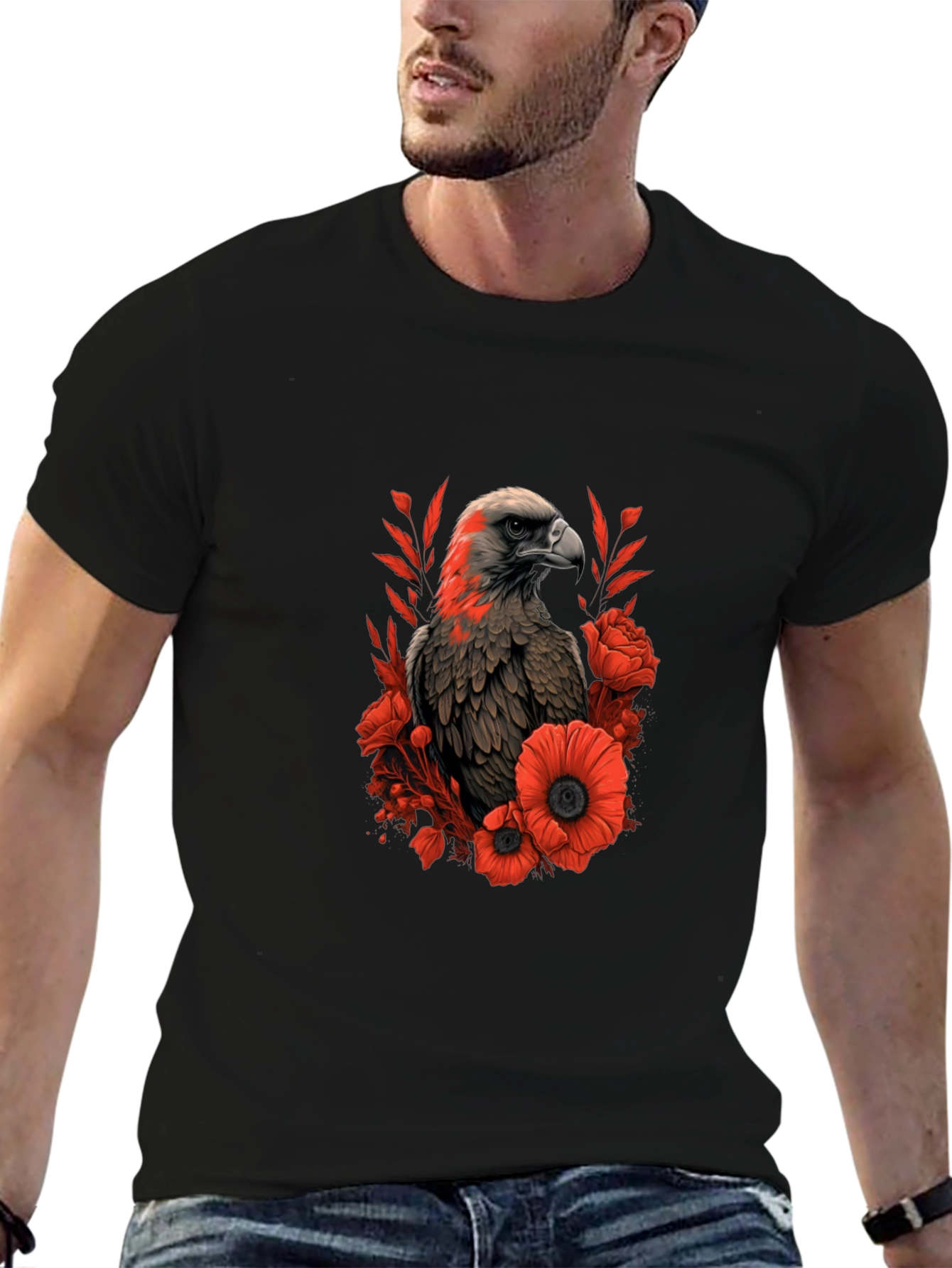 Eagle & Floral Graphic Black T-Shirt