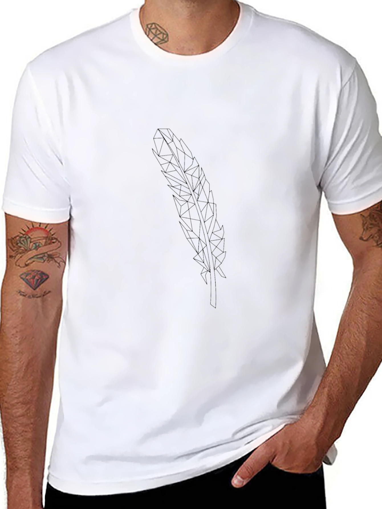 Geometric Feather Print Black T-Shirt