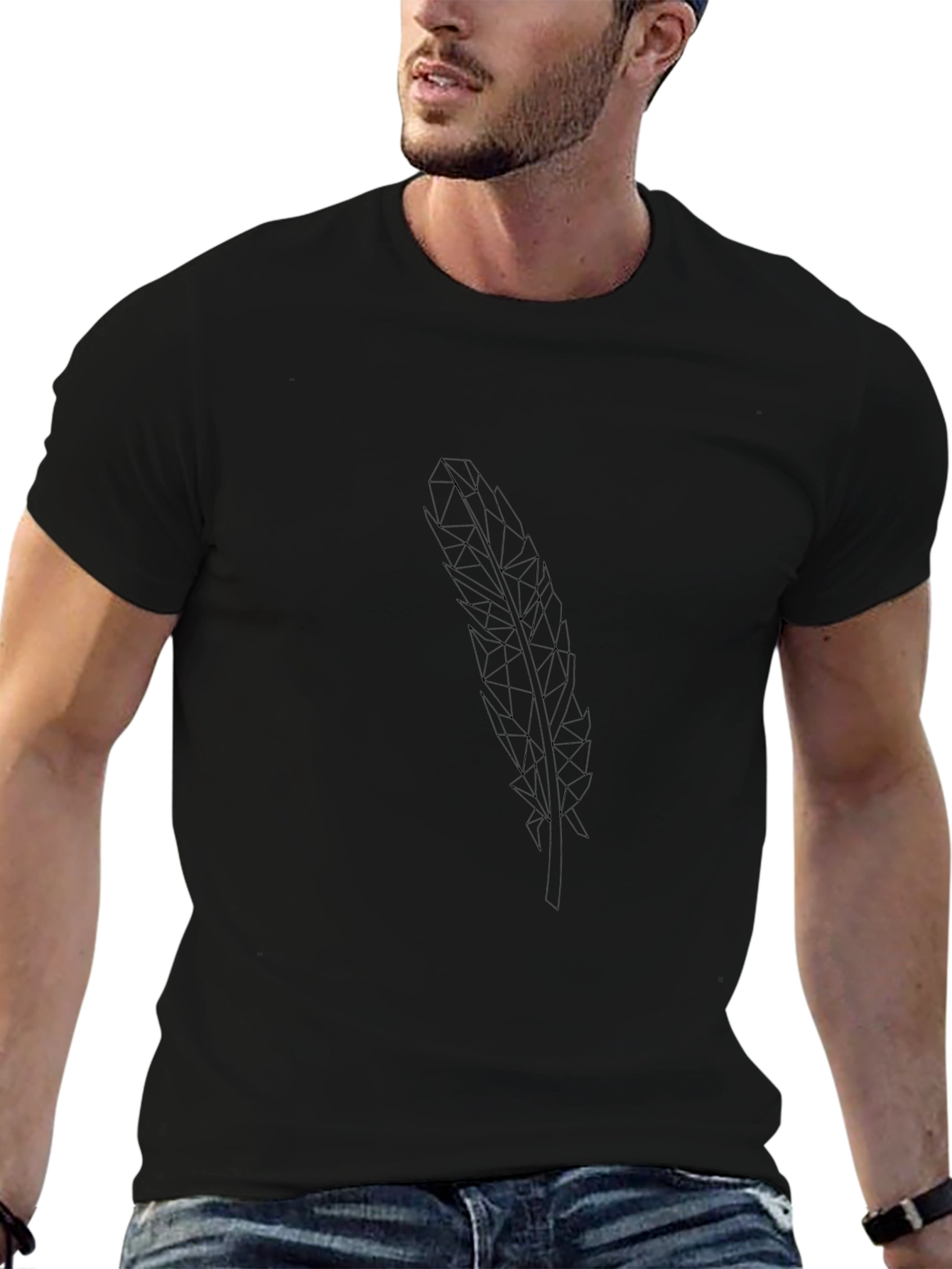 Geometric Feather Print Black T-Shirt
