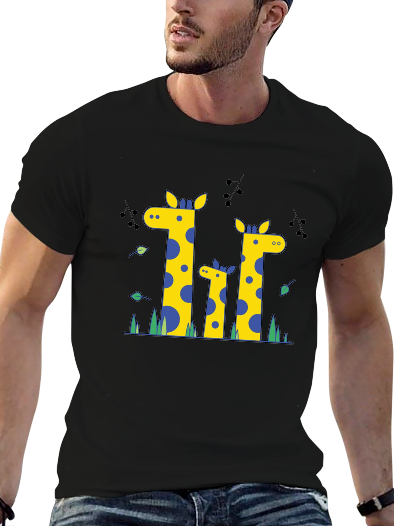 Giraffe Family Graphic Print Black T-Shirt