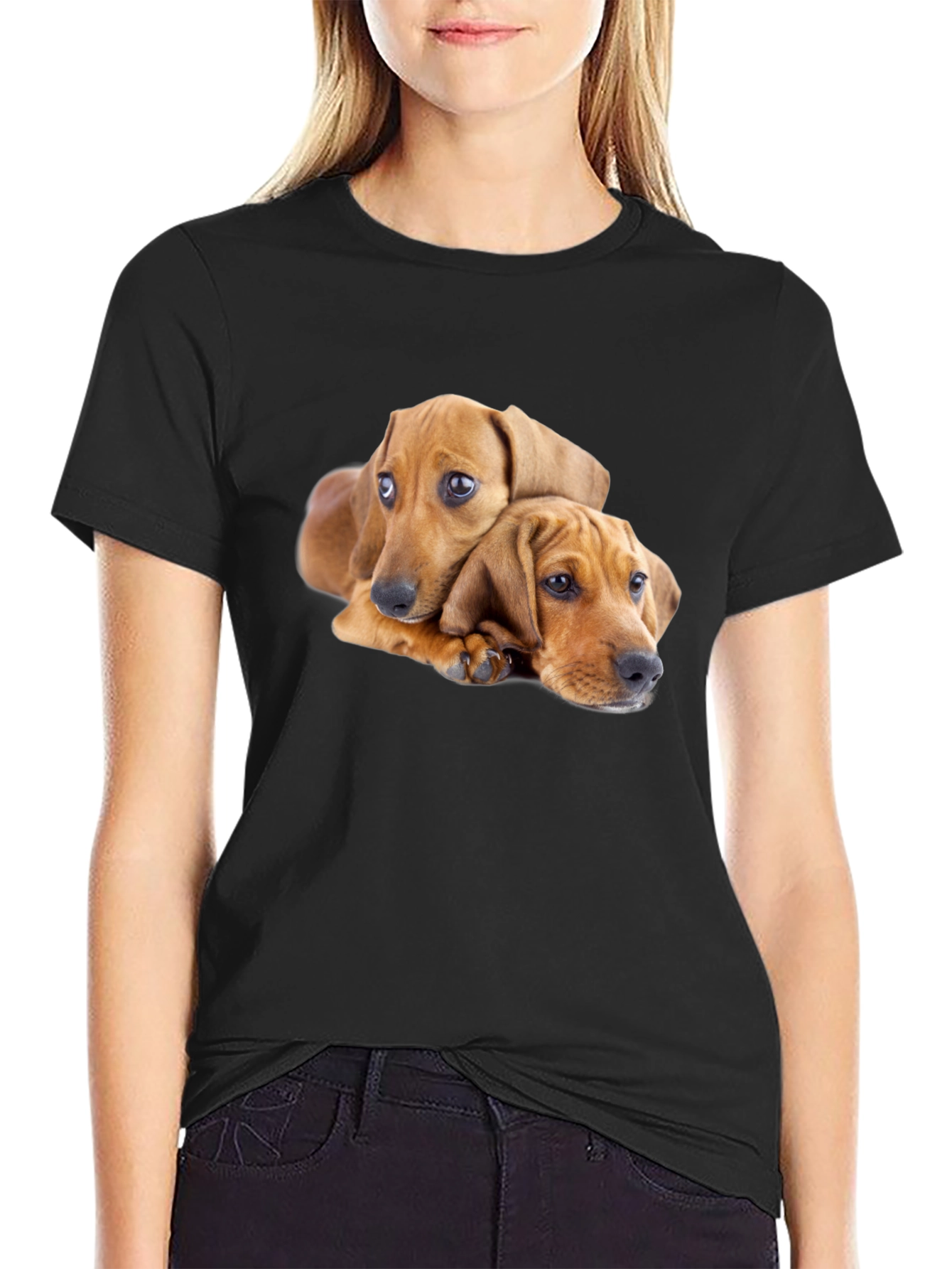 Cute Puppies Graphic Black T-Shirt