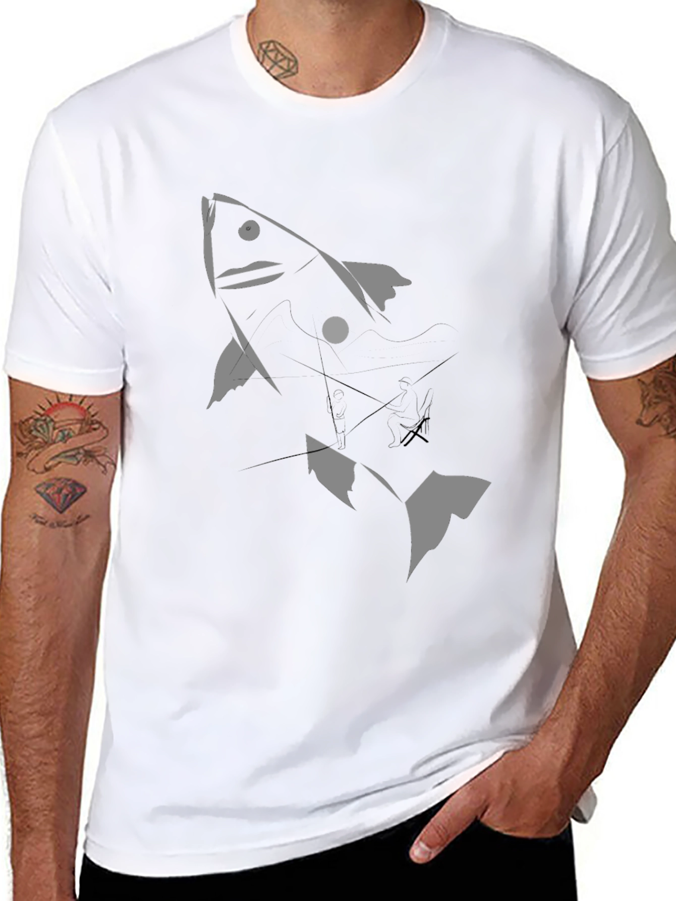 Black Graphic Tee - Abstract Fish Design