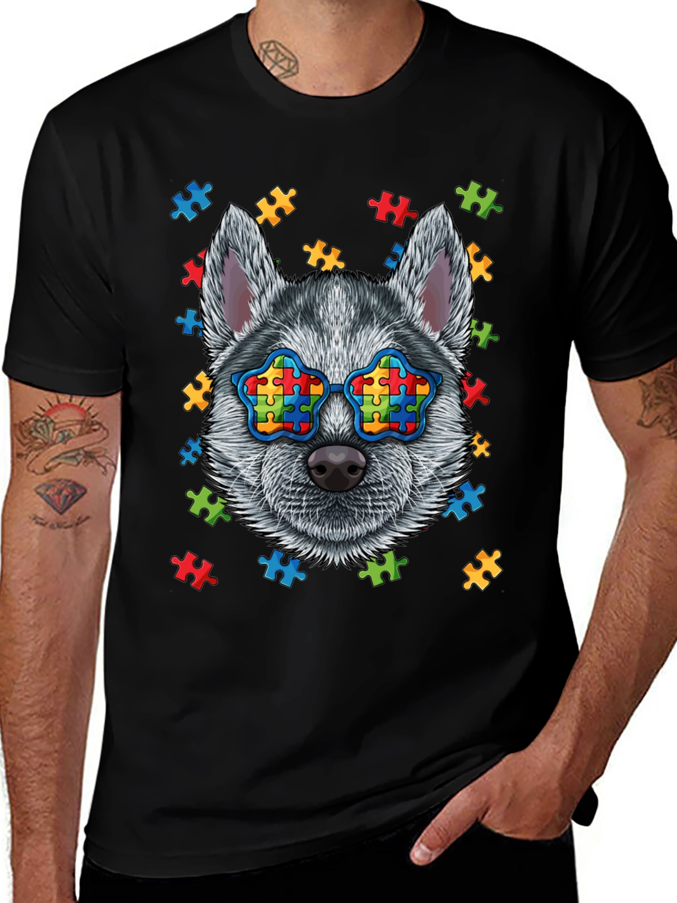 Autism Awareness Dog T-Shirt Puzzle Glasses