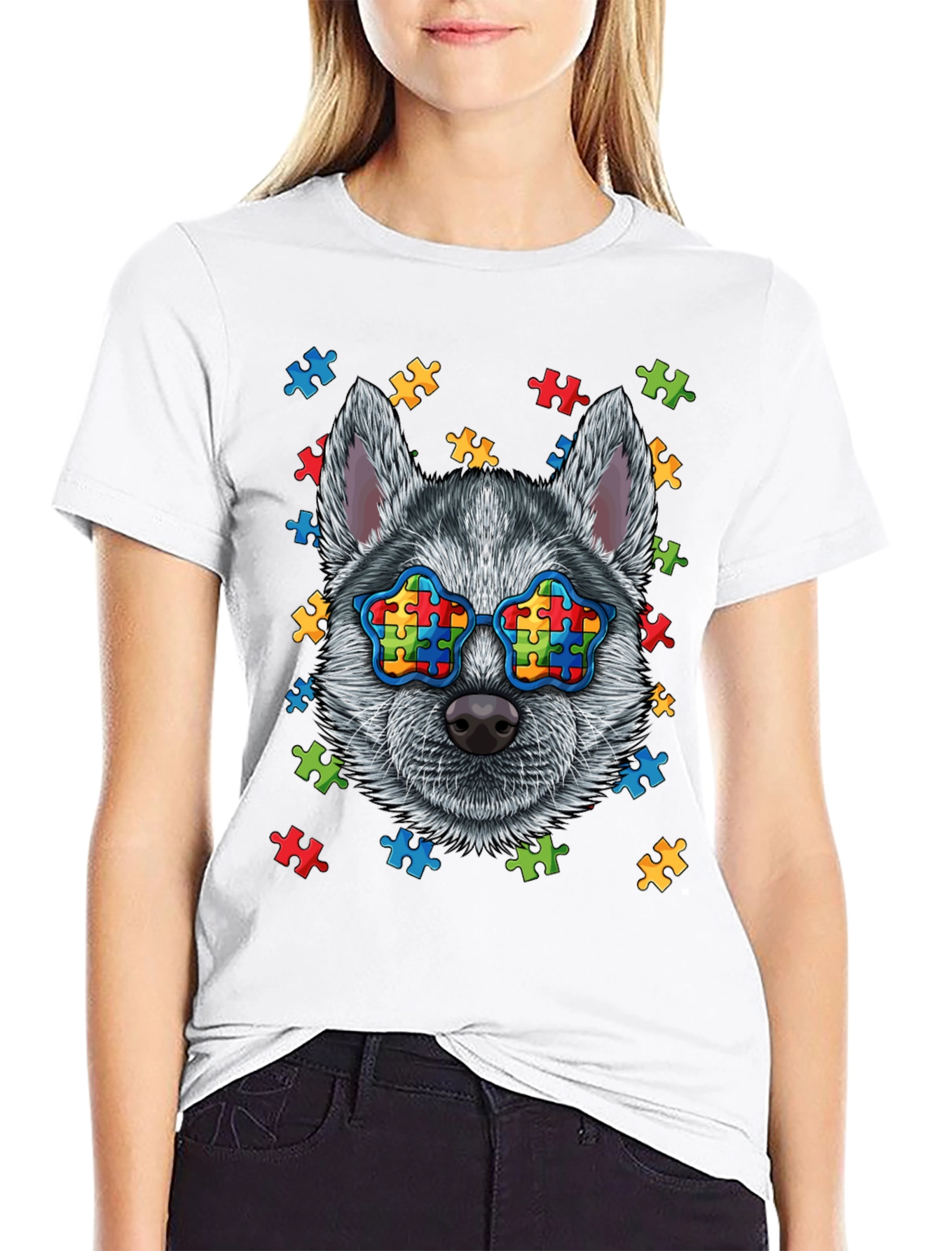 Autism Awareness Dog T-Shirt Puzzle Glasses