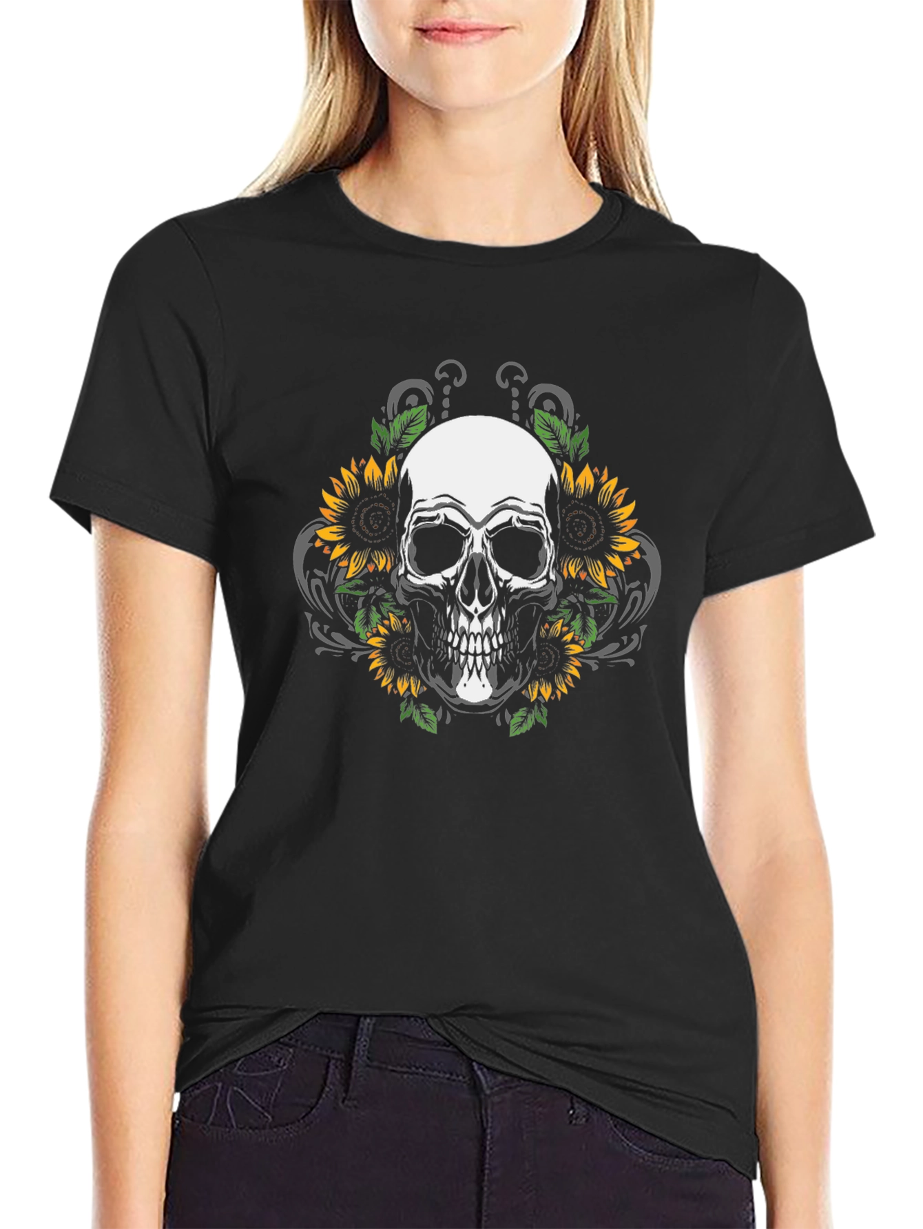 Skull & Sunflower Graphic Tee - Black