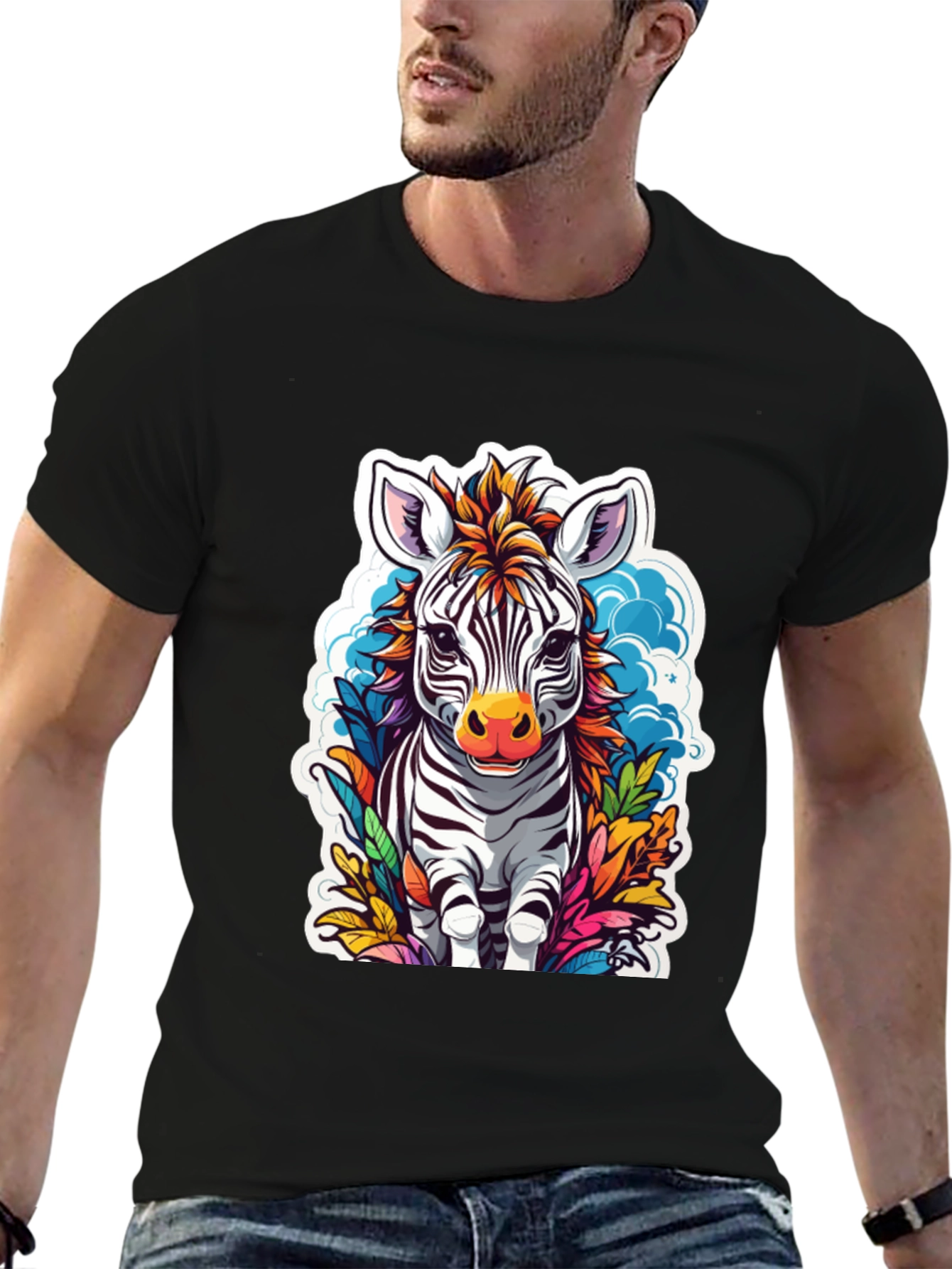 Zebra Cartoon Graphic Print Black T-Shirt