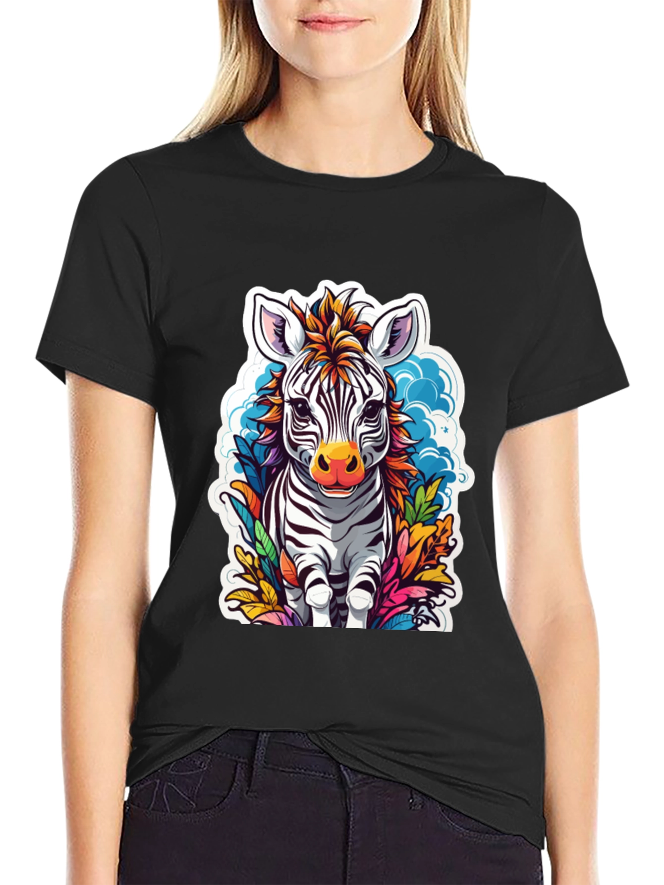 Zebra Cartoon Graphic Print Black T-Shirt