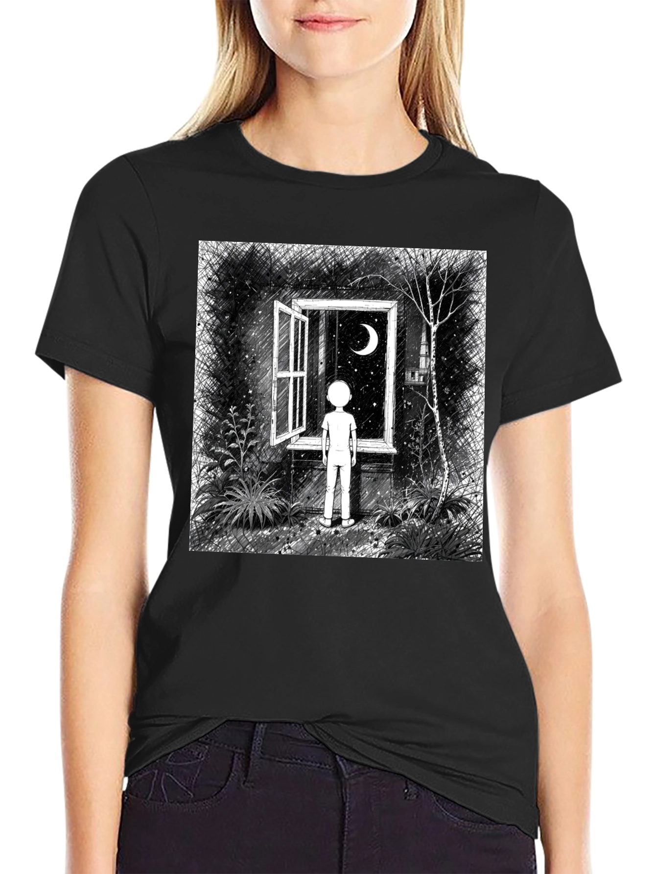 Night Window Graphic Tee - Black Unisex